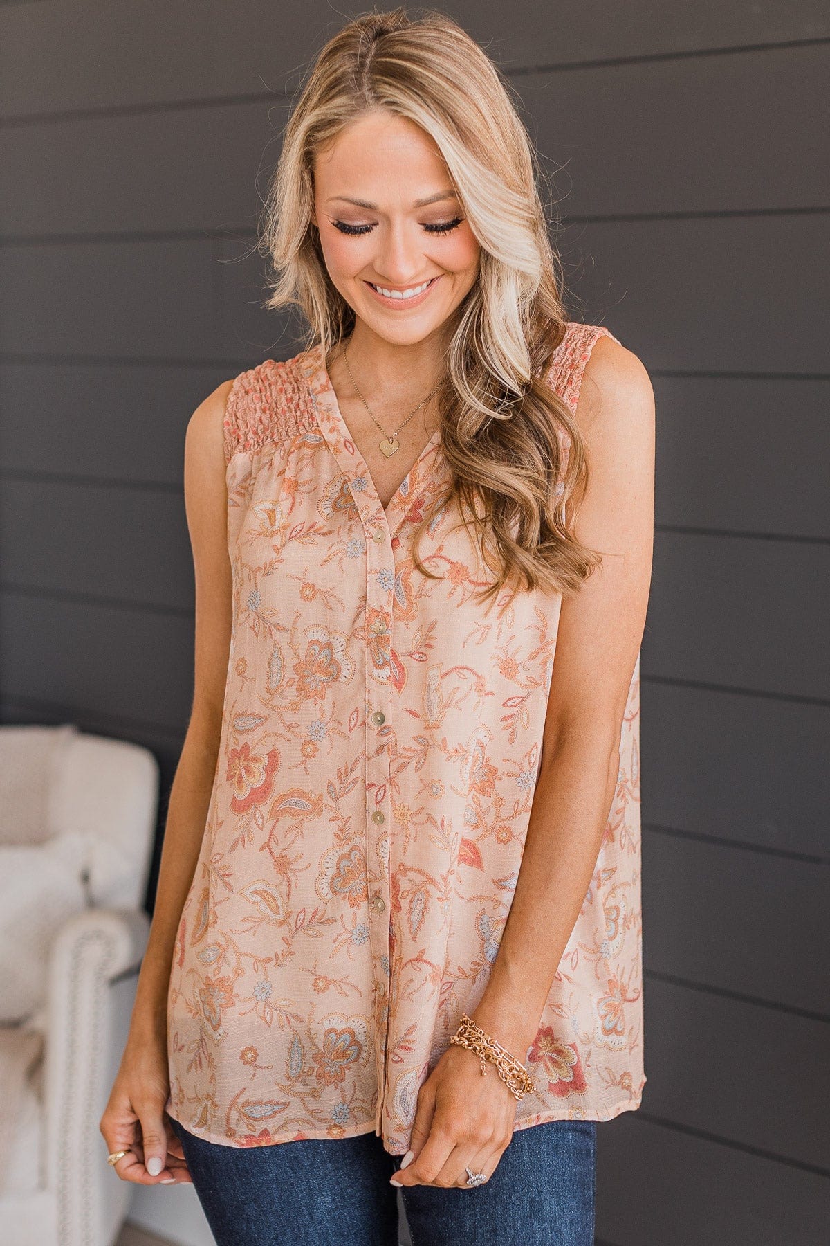 Pleasant Surprise Floral Button Tank Top- Dusty Peach - Image 2