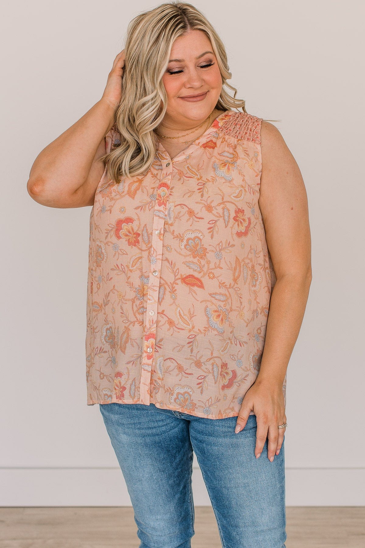 Pleasant Surprise Floral Button Tank Top- Dusty Peach - Image 3