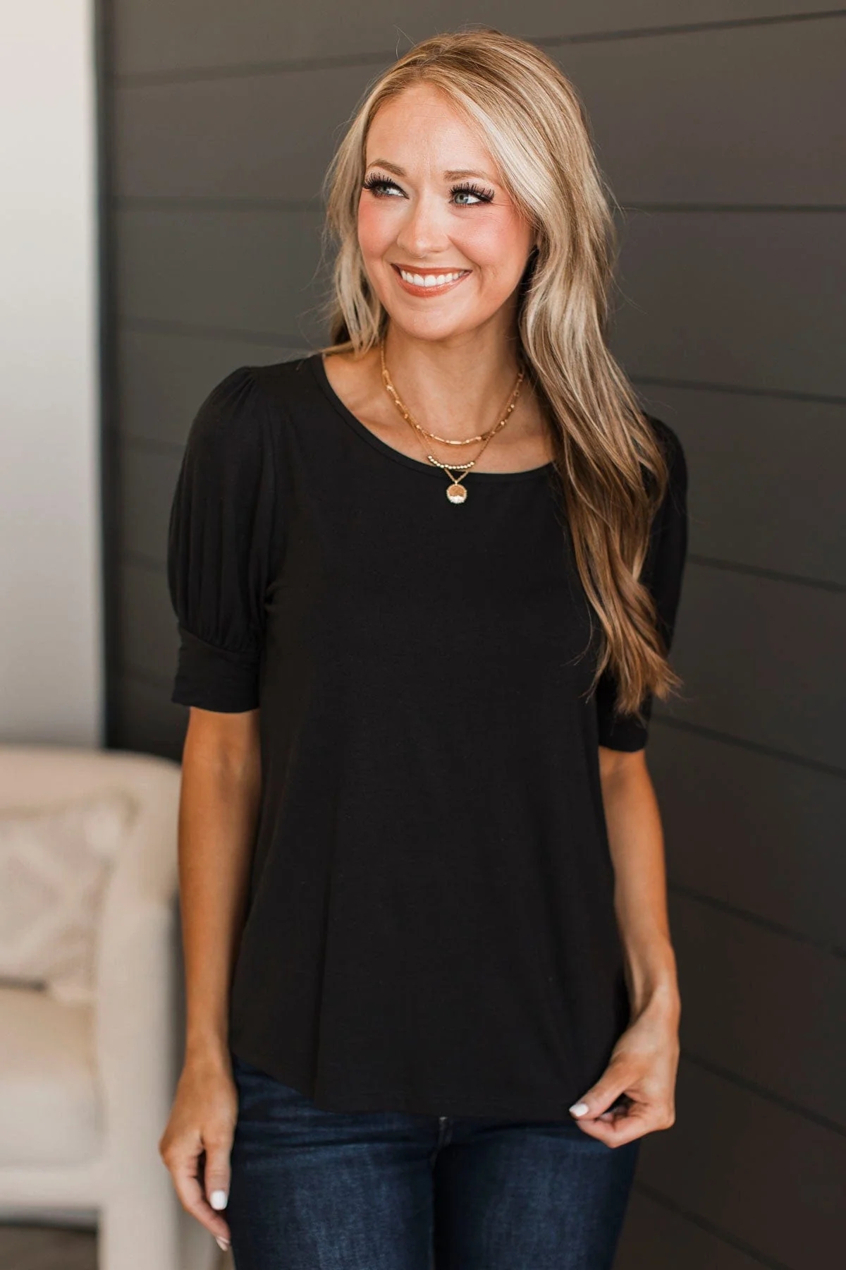 Please & Thanks Puff Sleeve Top- Black - Image 4