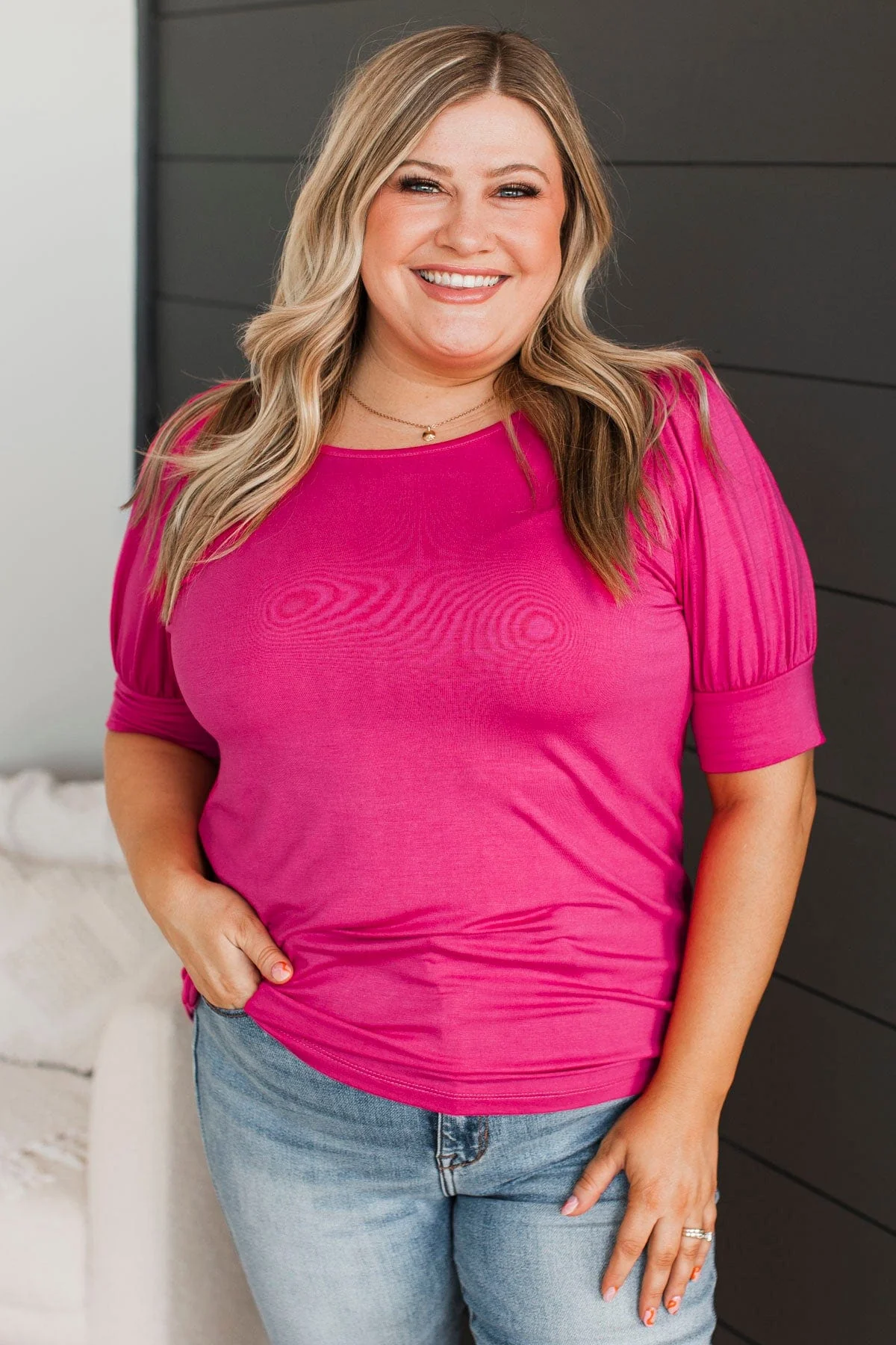 Please & Thanks Puff Sleeve Top- Fuchsia - Image 4