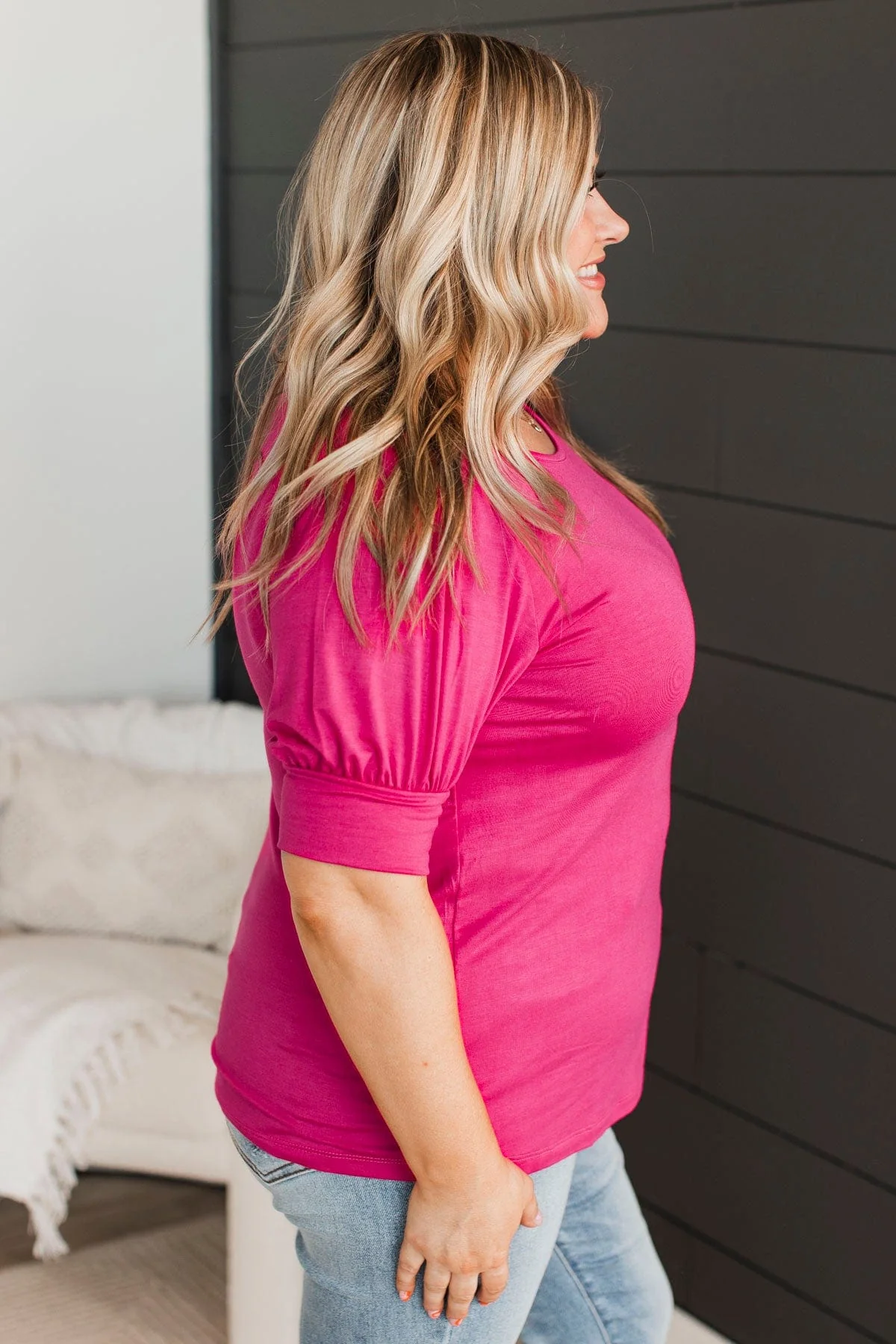 Please & Thanks Puff Sleeve Top- Fuchsia - Image 7