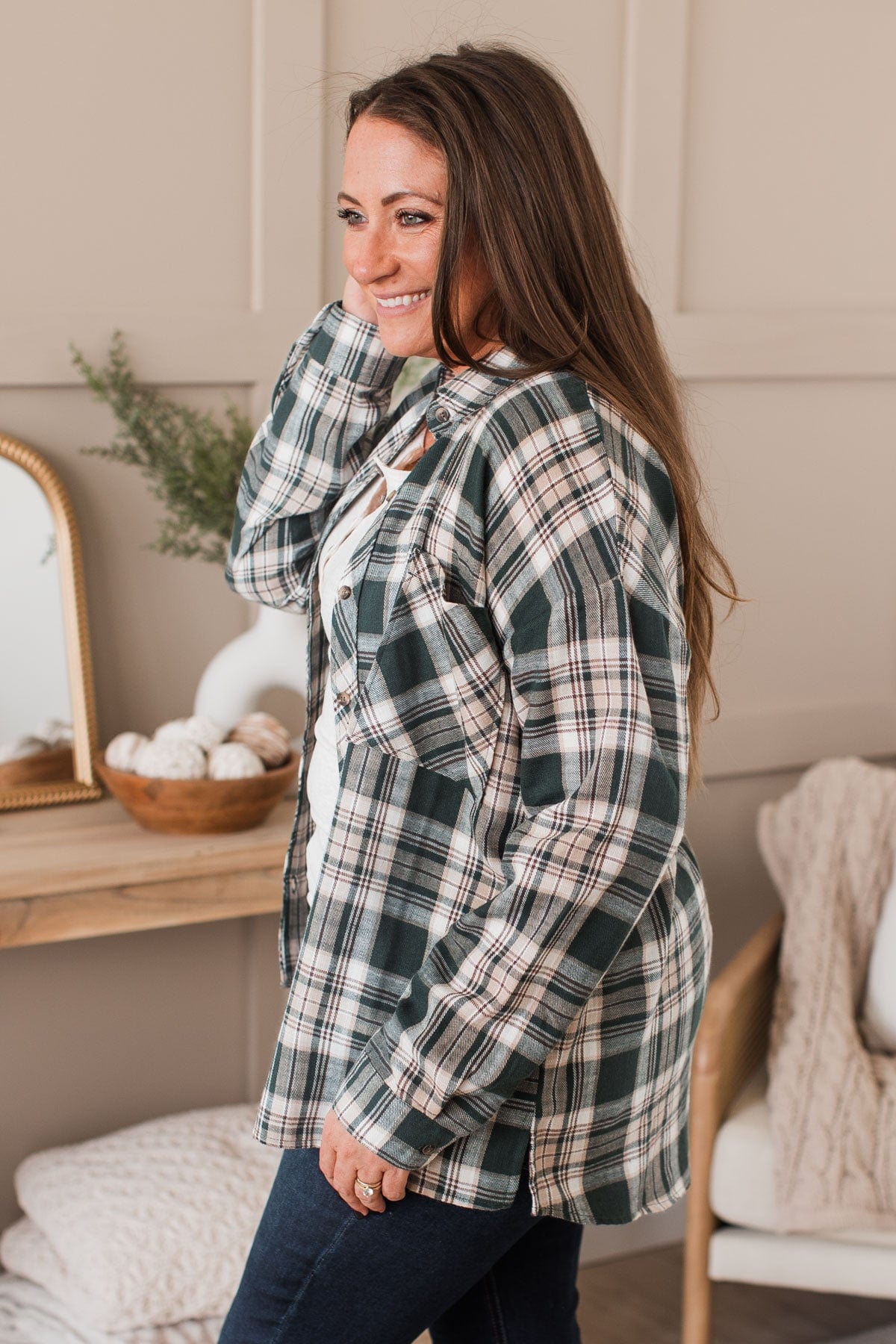 Plenty Of Love Plaid Button Top- Hunter Green - Image 9