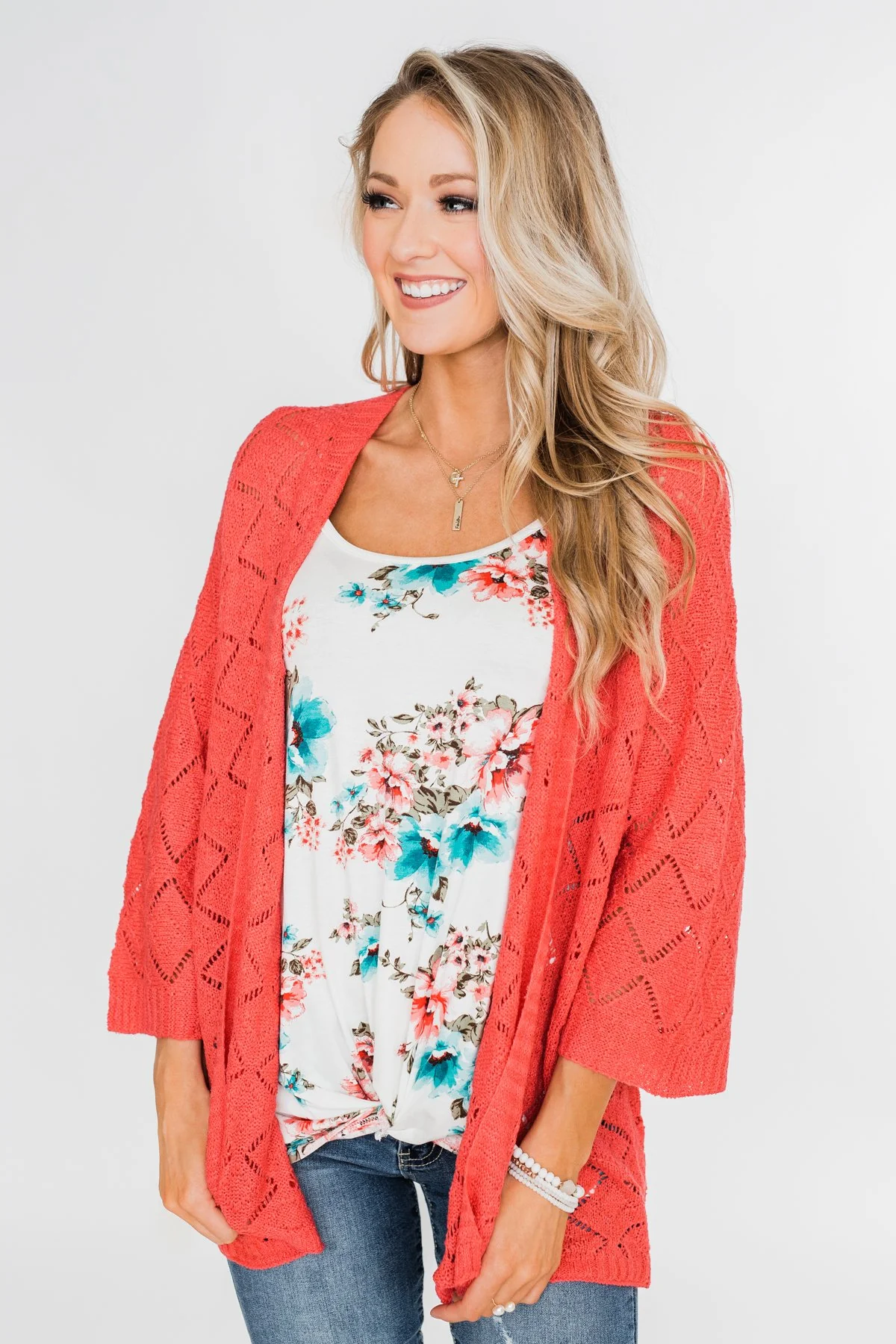 Pointtelle 3/4 Sleeve Cardigan- Coral - Image 4