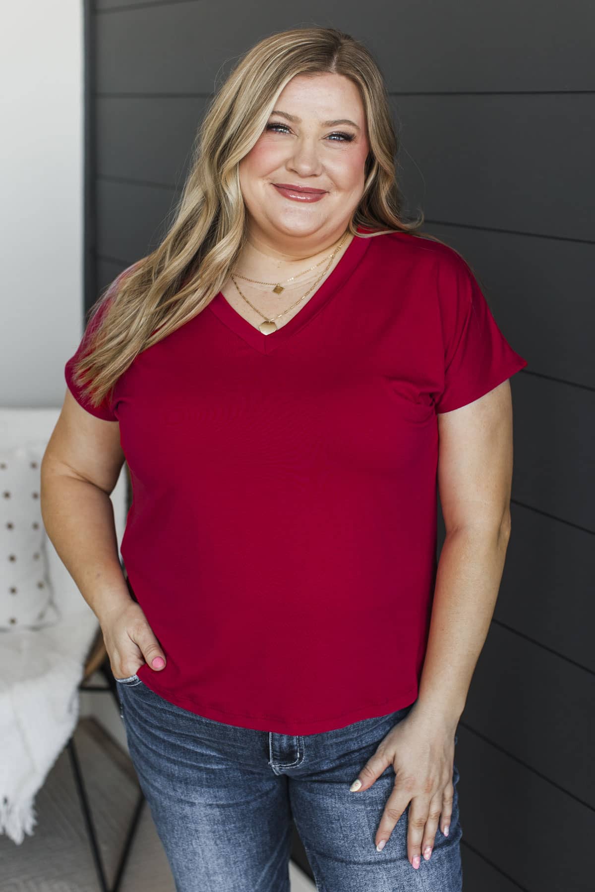Polished Look V-Neck Top- Red - Image 4