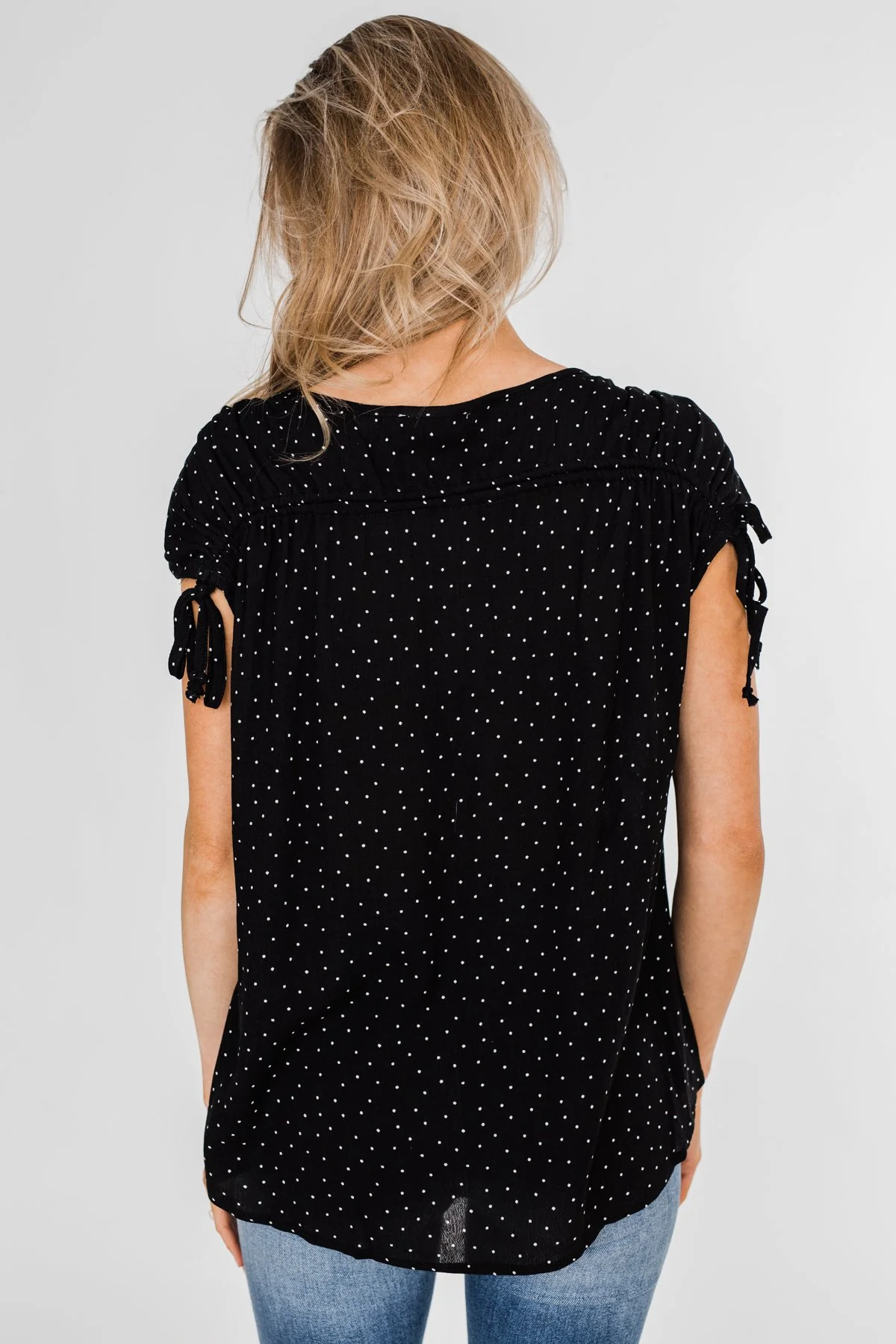 Polka Dot Cinched Tie Sleeve Top- Black - Image 13