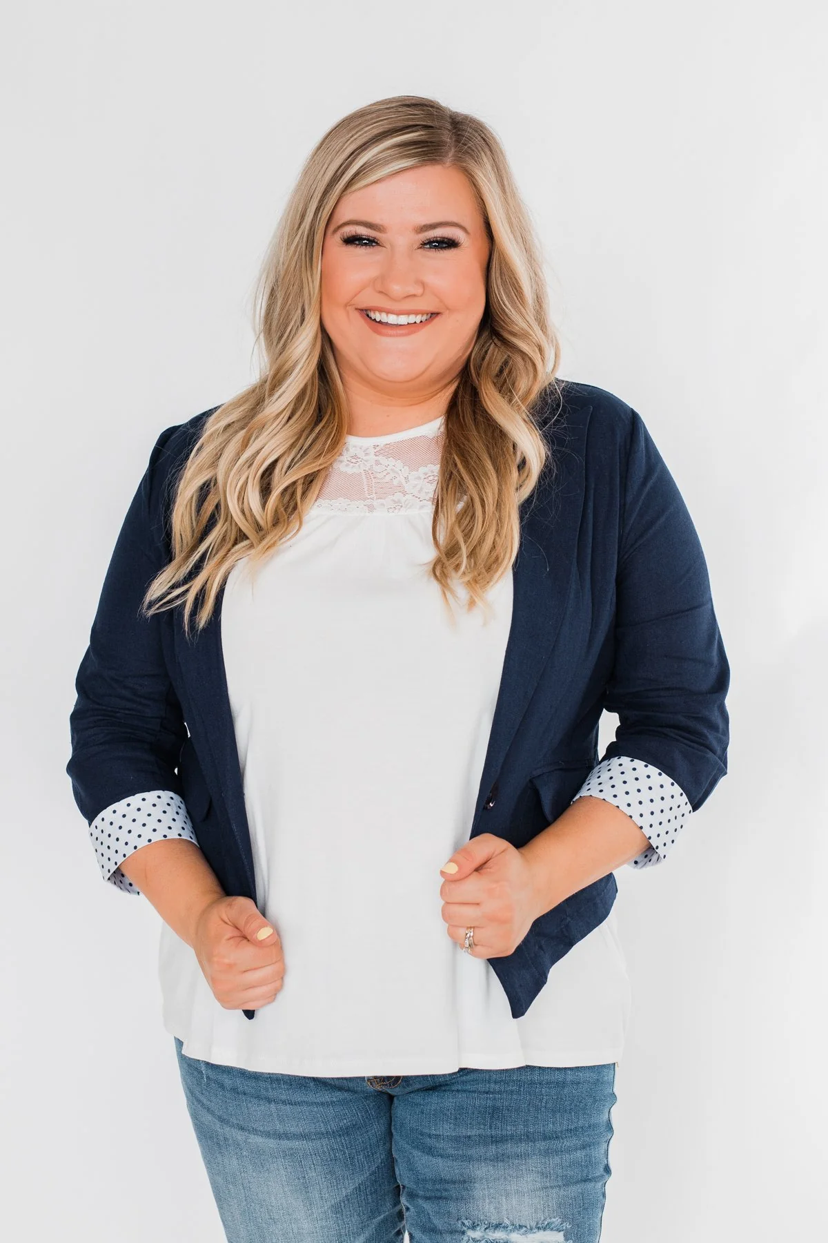 Polka Dot Cuff Blazer- Navy - Image 2