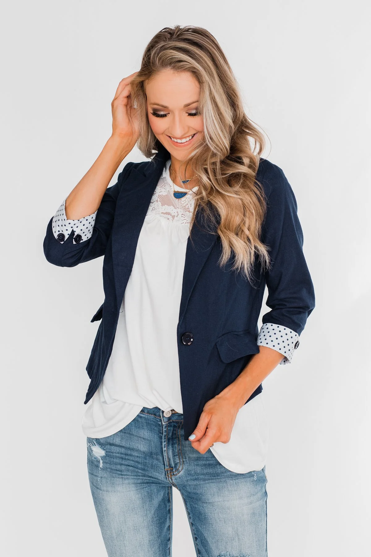 Polka Dot Cuff Blazer- Navy - Image 3