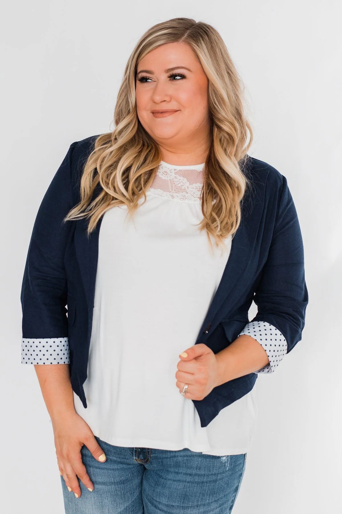 Polka Dot Cuff Blazer- Navy - Image 4