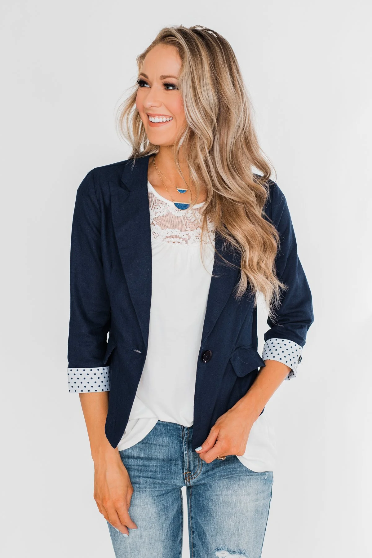 Polka Dot Cuff Blazer- Navy - Image 5