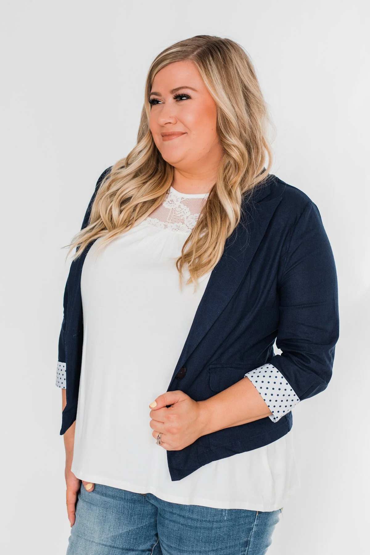 Polka Dot Cuff Blazer- Navy - Image 6
