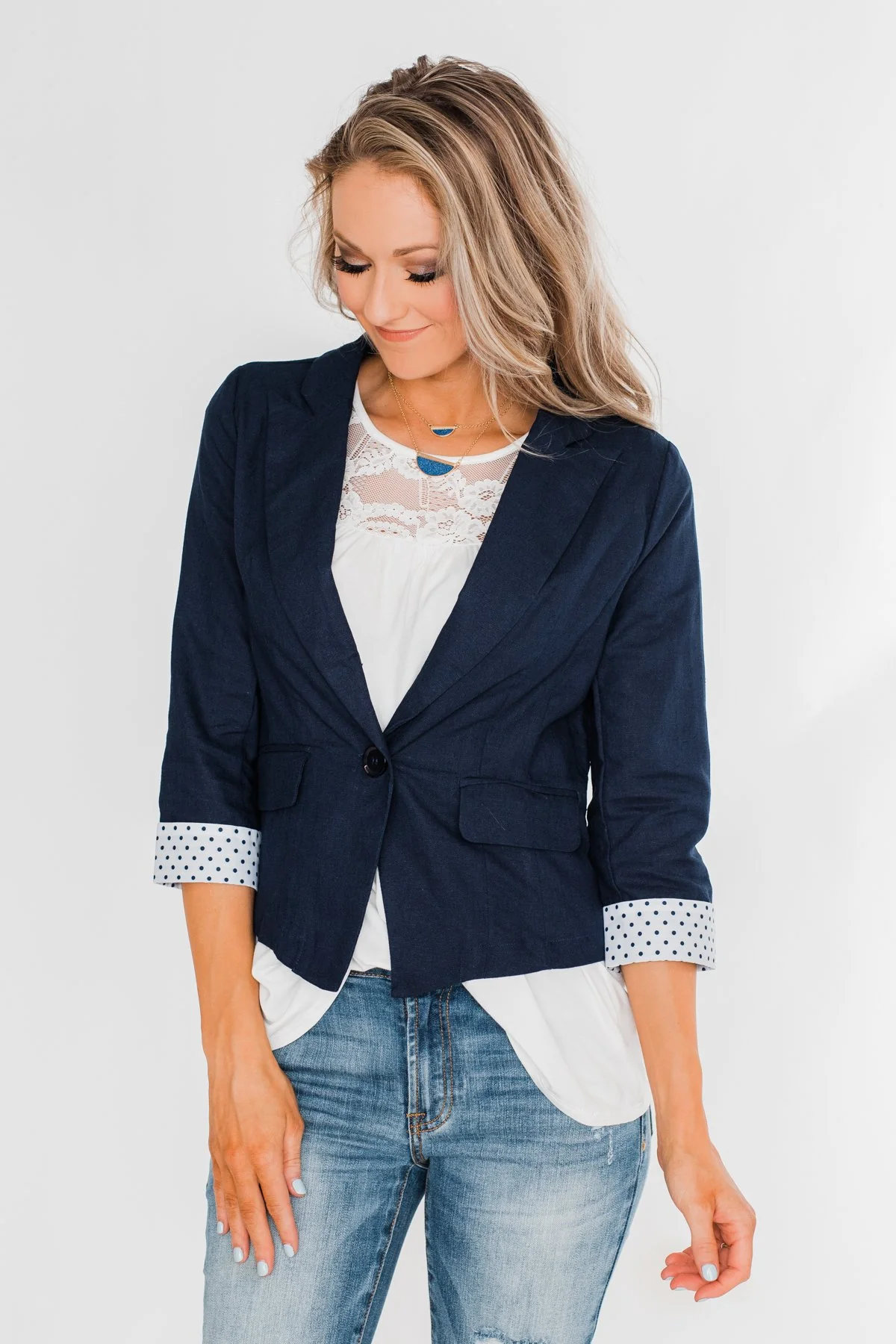 Polka Dot Cuff Blazer- Navy - Image 7