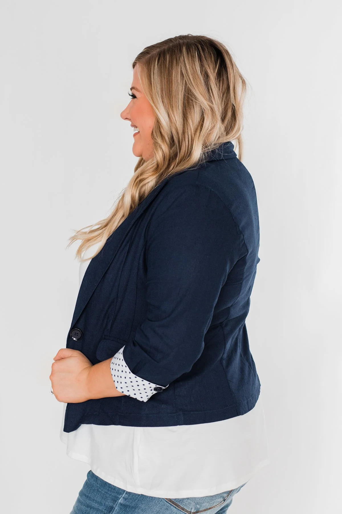 Polka Dot Cuff Blazer- Navy - Image 8