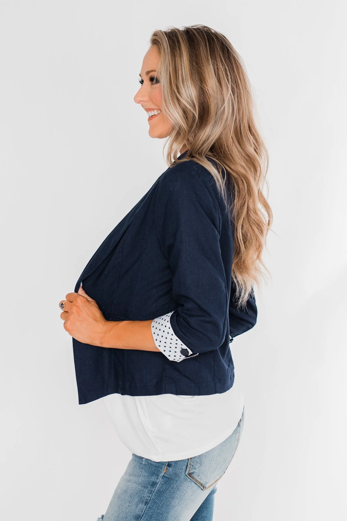 Polka Dot Cuff Blazer- Navy - Image 9