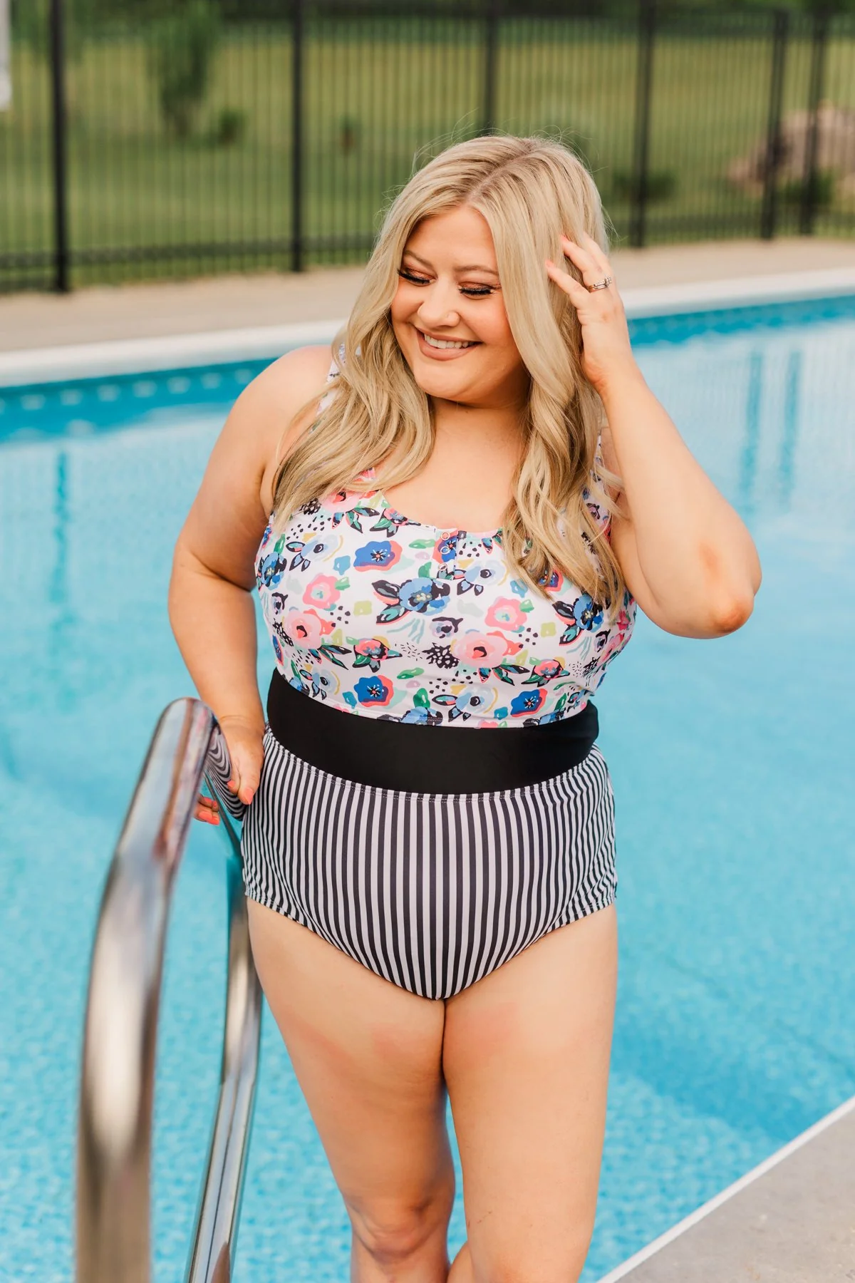 Poolside Paradise Floral & Stripes One-Piece Swimsuit- Black & White - Image 2