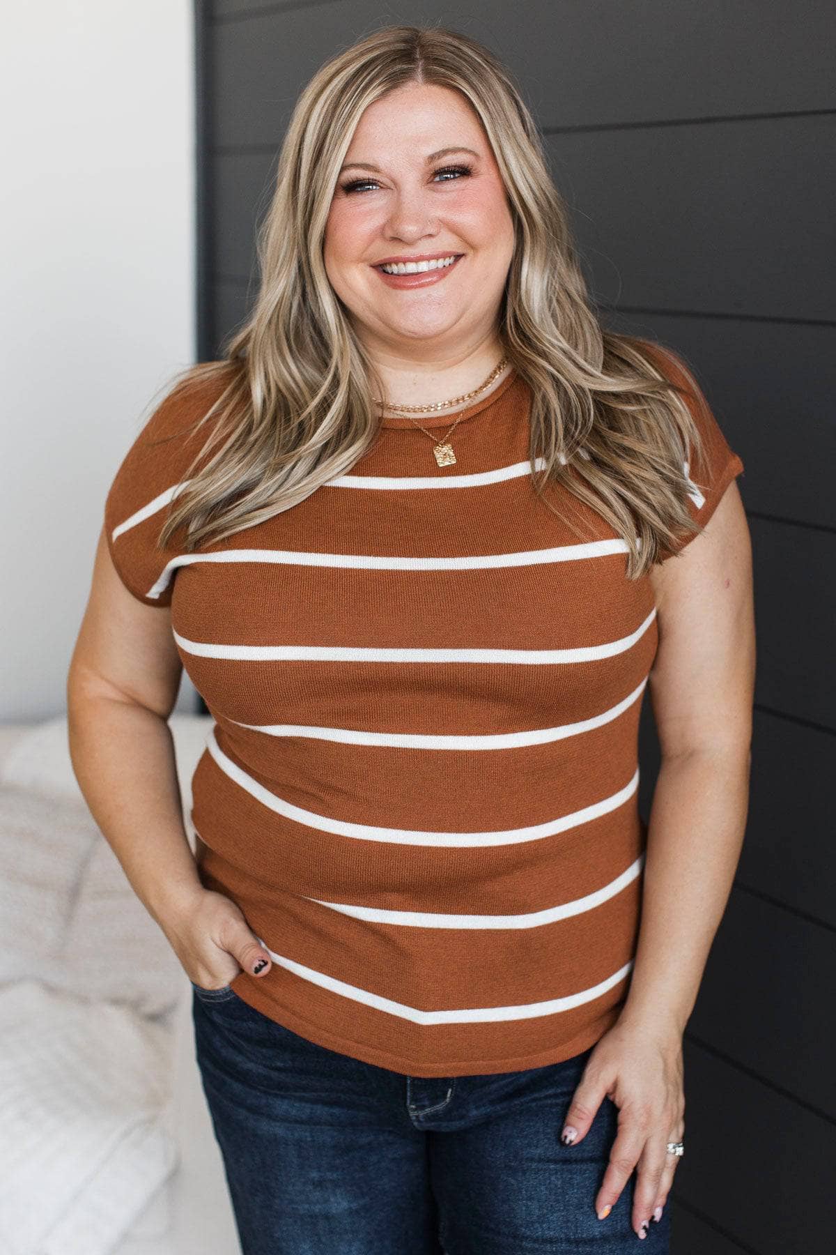 Positive Affirmations Striped Knit Top- Camel - Image 2