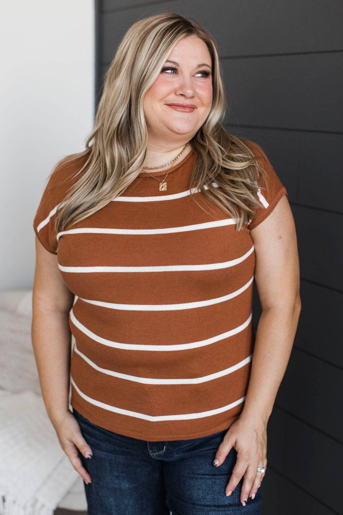 Positive Affirmations Striped Knit Top- Camel - Image 4