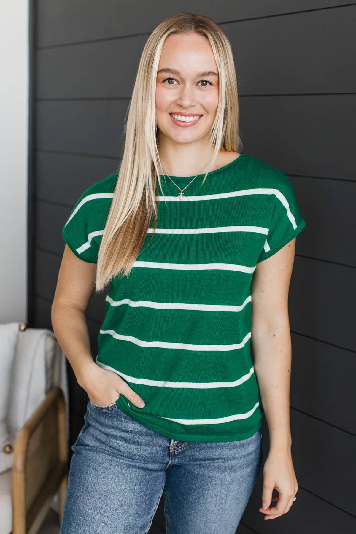 Positive Affirmations Striped Knit Top- Emerald - Image 2