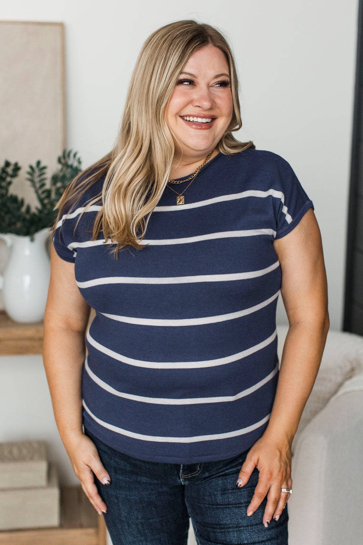 Positive Affirmations Striped Knit Top- Navy - Image 3