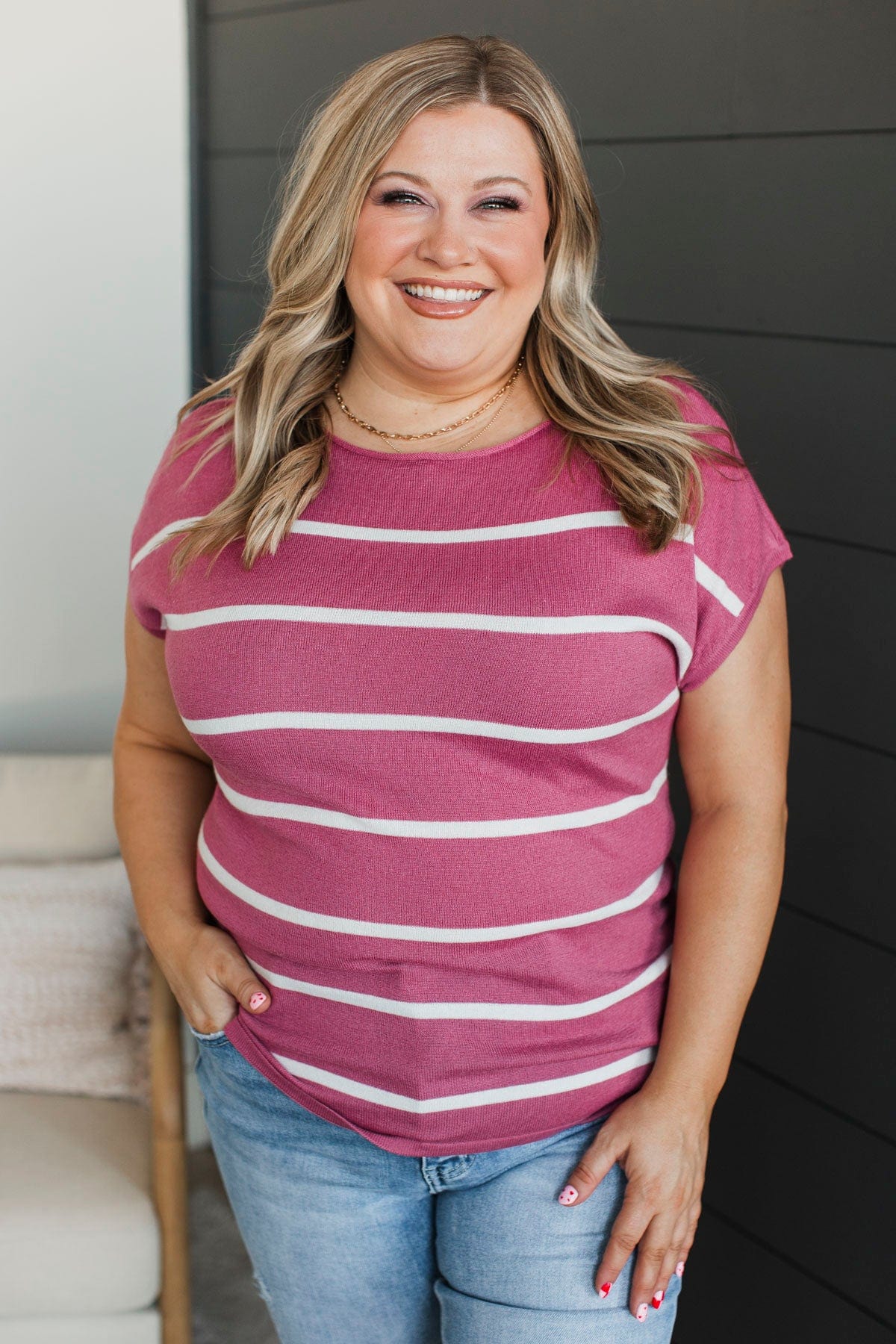 Positive Affirmations Striped Knit Top- Rose - Image 2