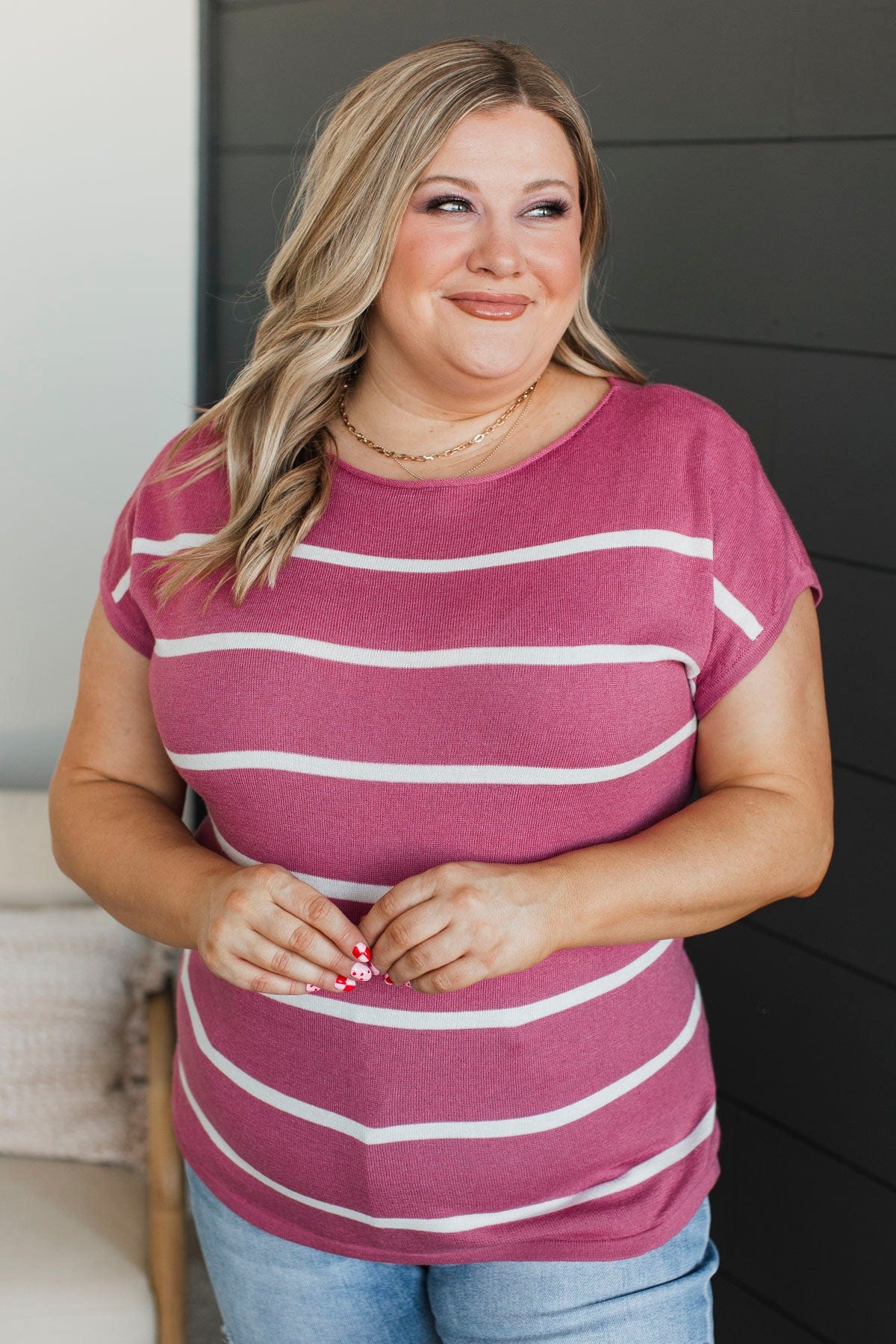 Positive Affirmations Striped Knit Top- Rose - Image 4
