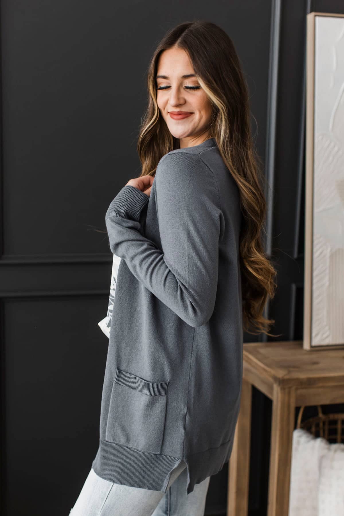 Positive Outlook Open Front Cardigan- Slate - Image 5