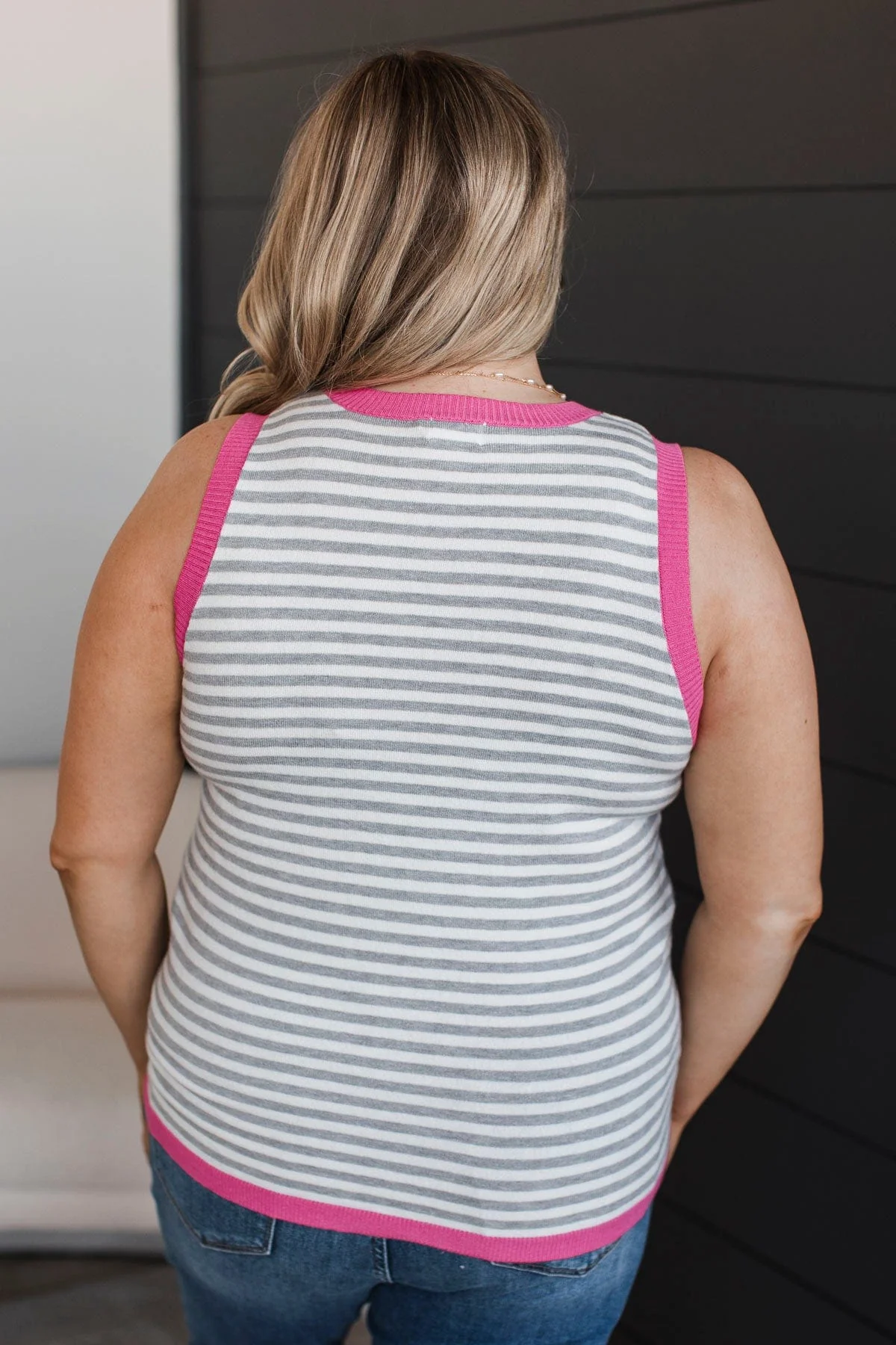Positively Excellent Striped Tank Top- Grey & Hot Pink - Image 7