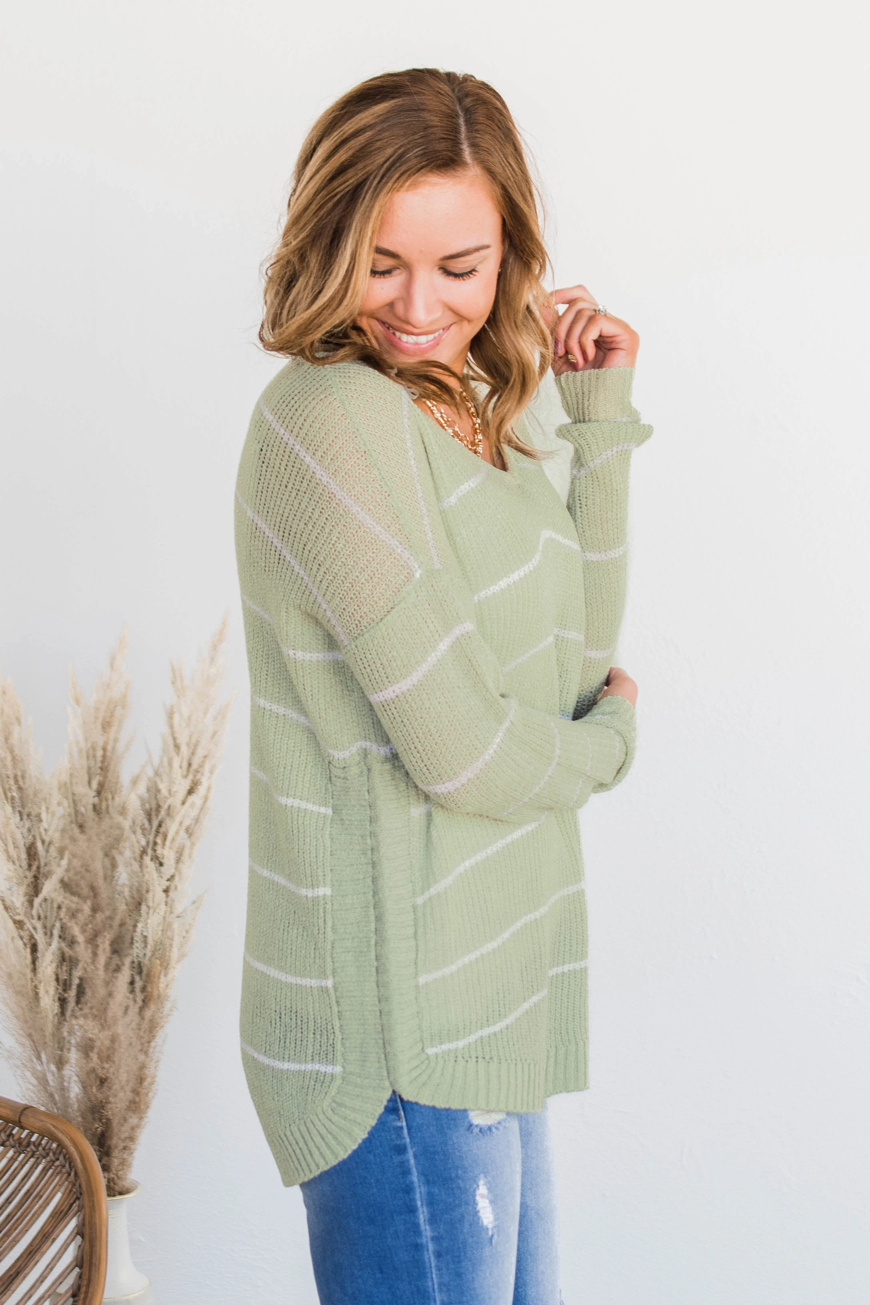 Pot Of Gold Striped Sweater- Light Sage - Image 5