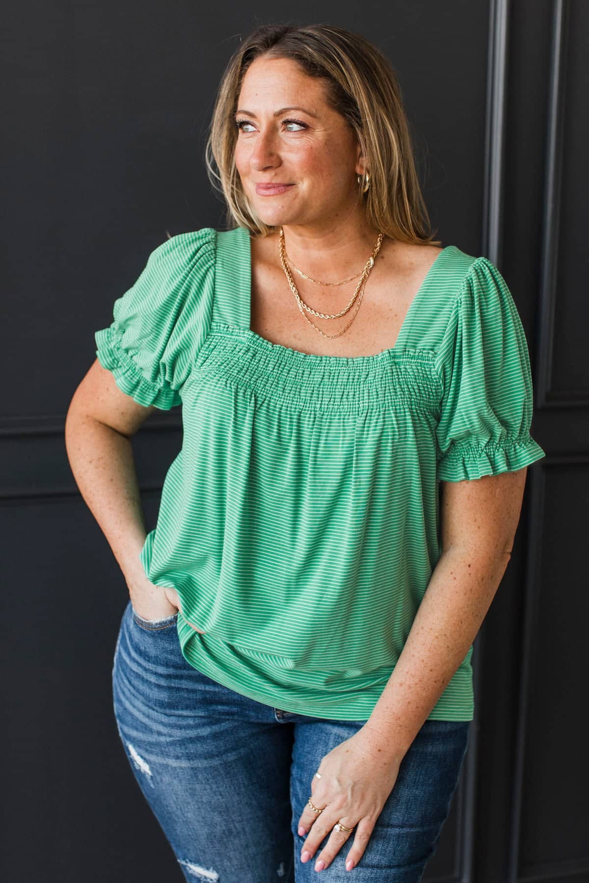 Praiseworthy Style Puff Sleeve Striped Top- Mint Green