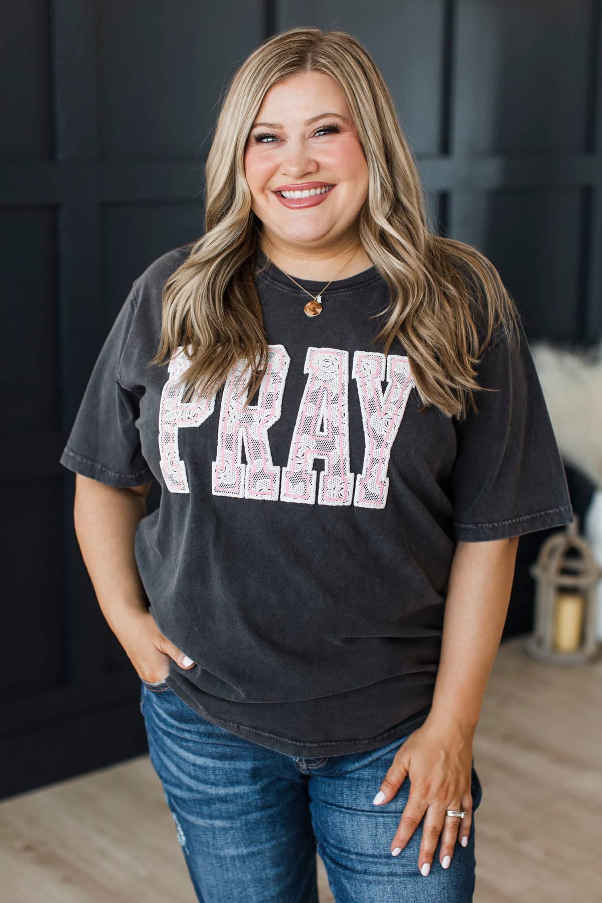 "Pray" Short Sleeve Puff Graphic Top- Washed Black - Image 2