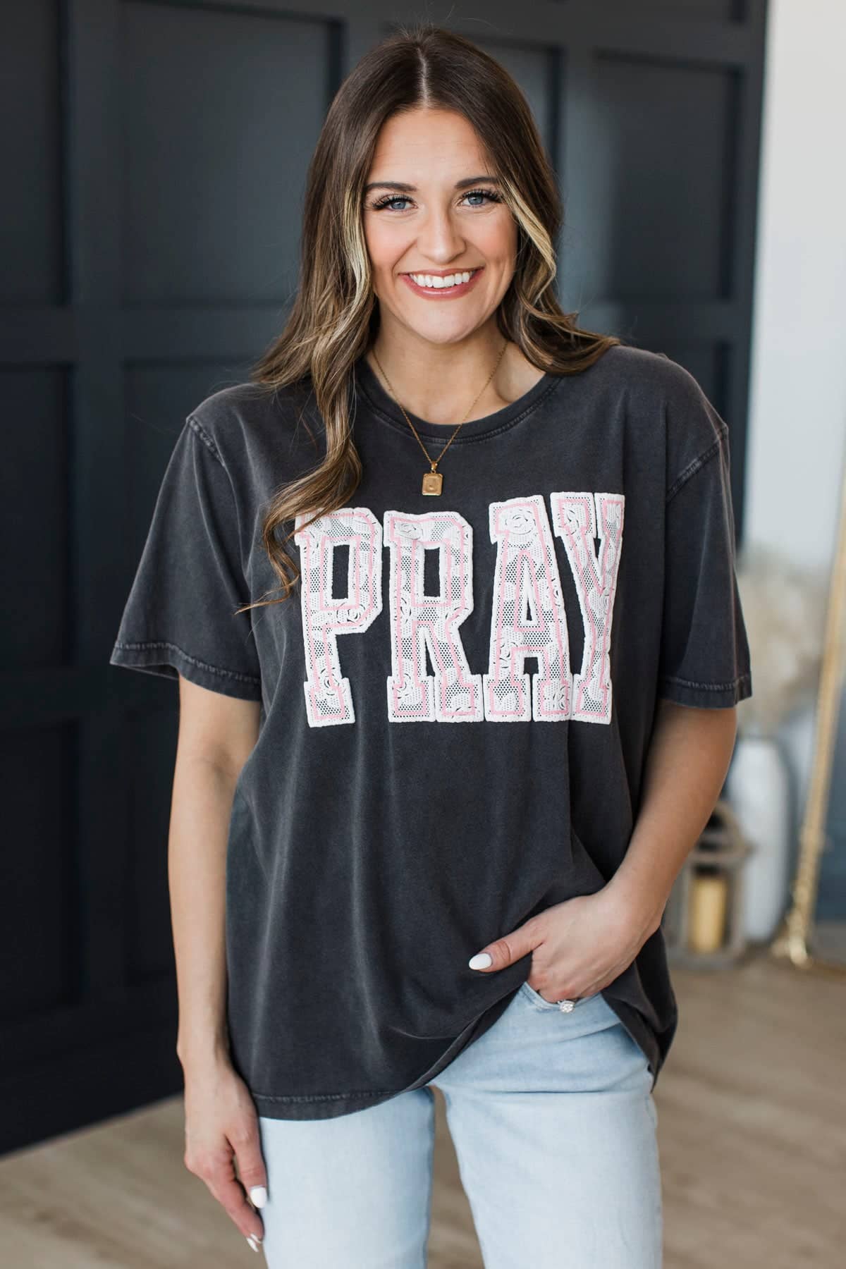 "Pray" Short Sleeve Puff Graphic Top- Washed Black - Image 3