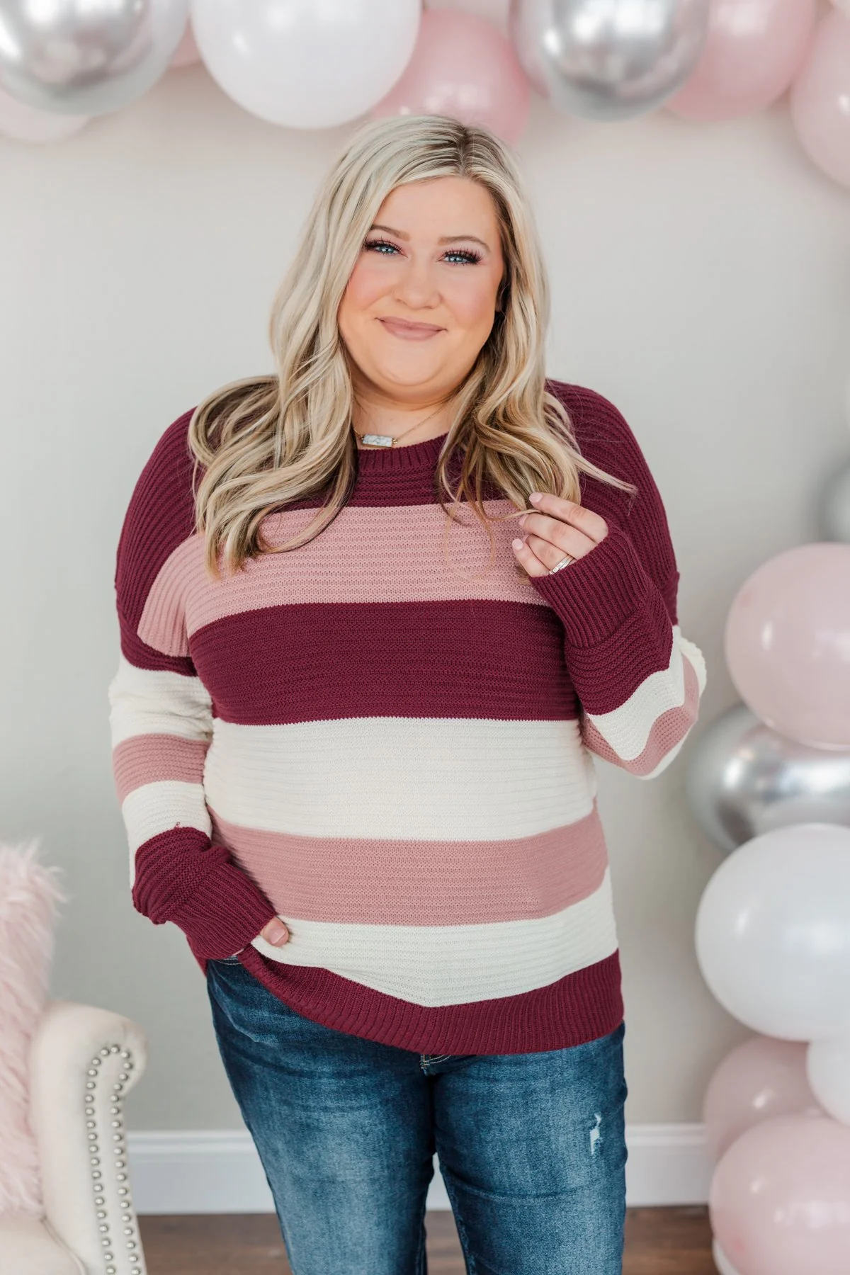Hands In The Air Knit Sweater- Burgundy, Mauve Pink, & Ivory - Image 2