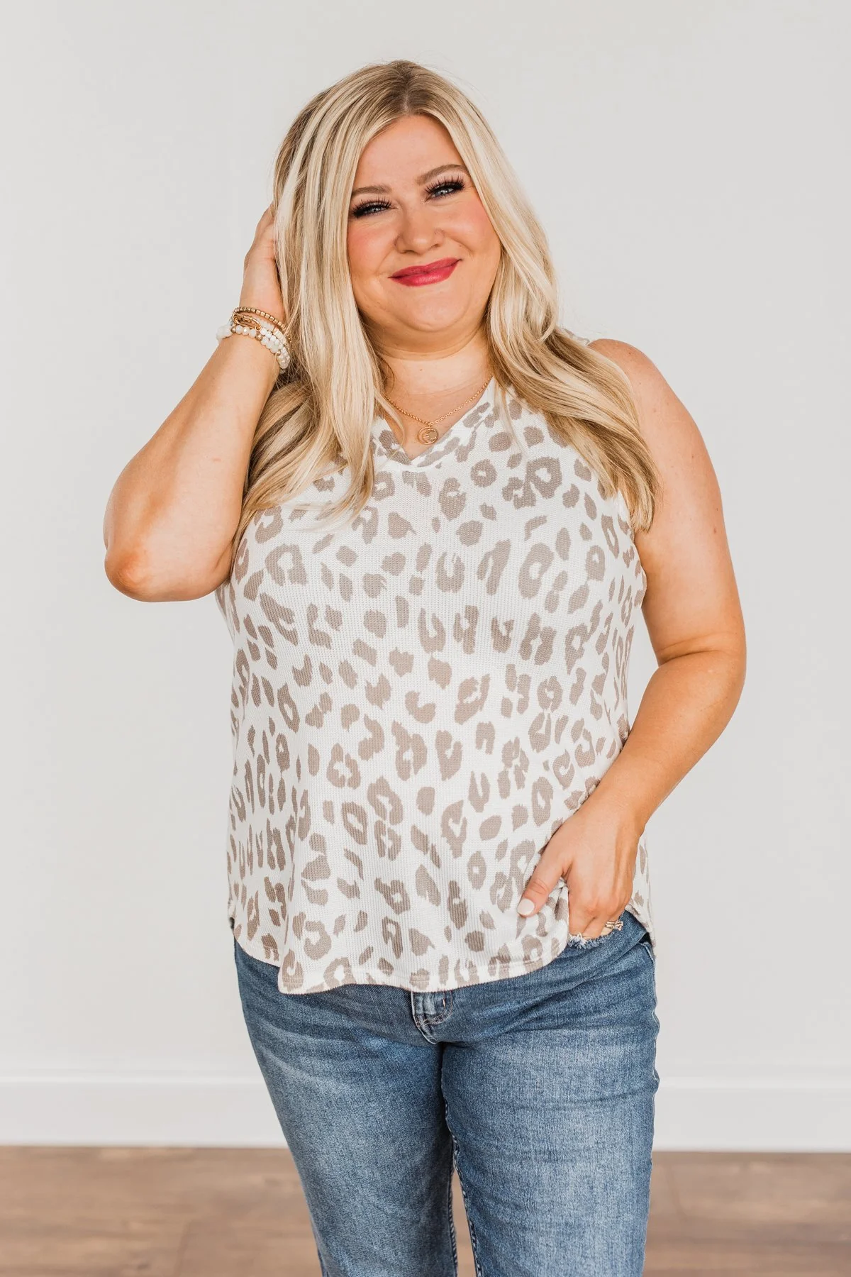Leopard Knit Tank Top- Ivory & Mocha - Image 3