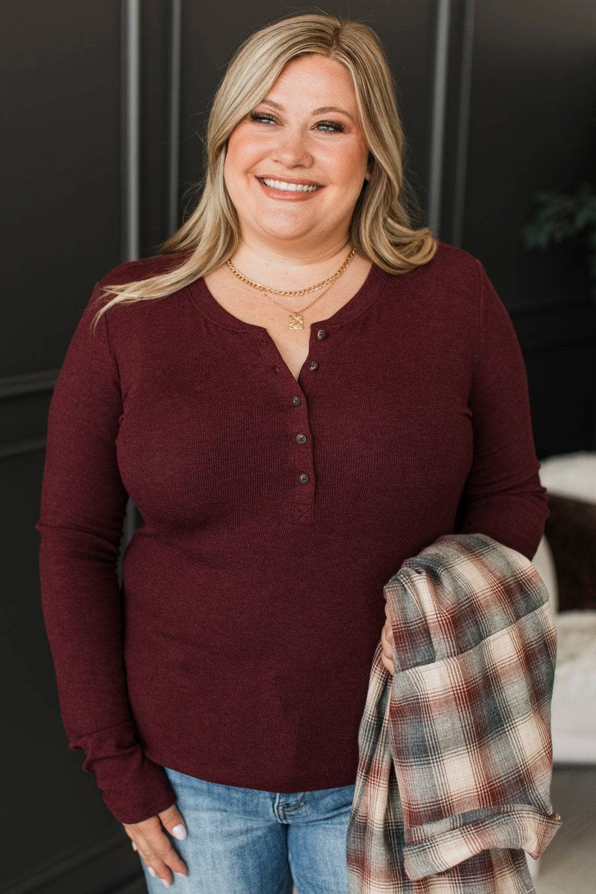 Precious Heart Long Sleeve Henley Top- Burgundy - Image 2