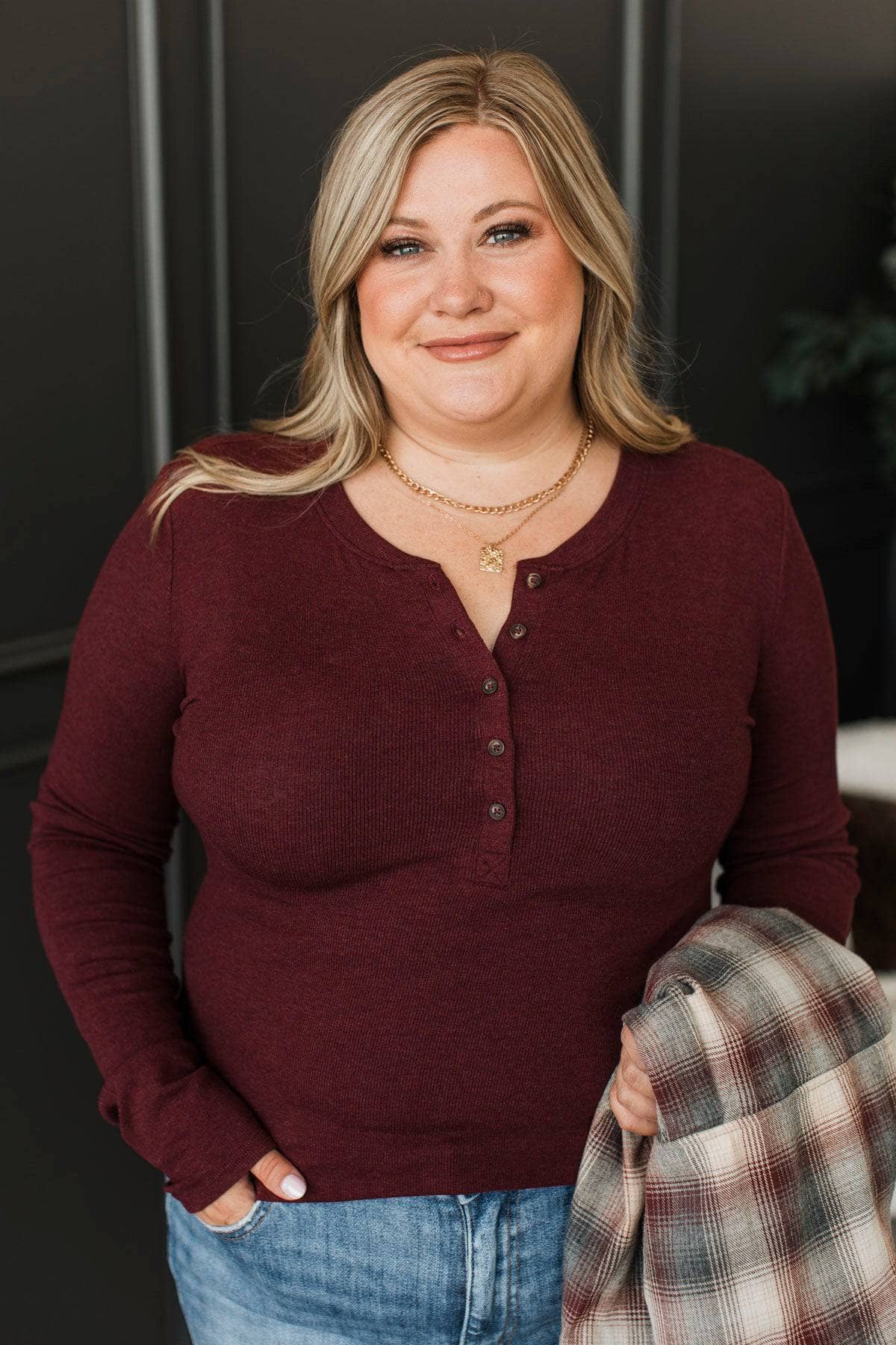 Precious Heart Long Sleeve Henley Top- Burgundy - Image 4