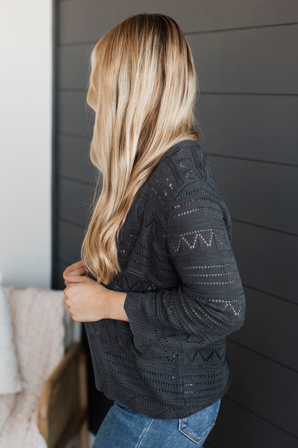 Precious Memories Pointelle Cardigan- Charcoal - Image 4
