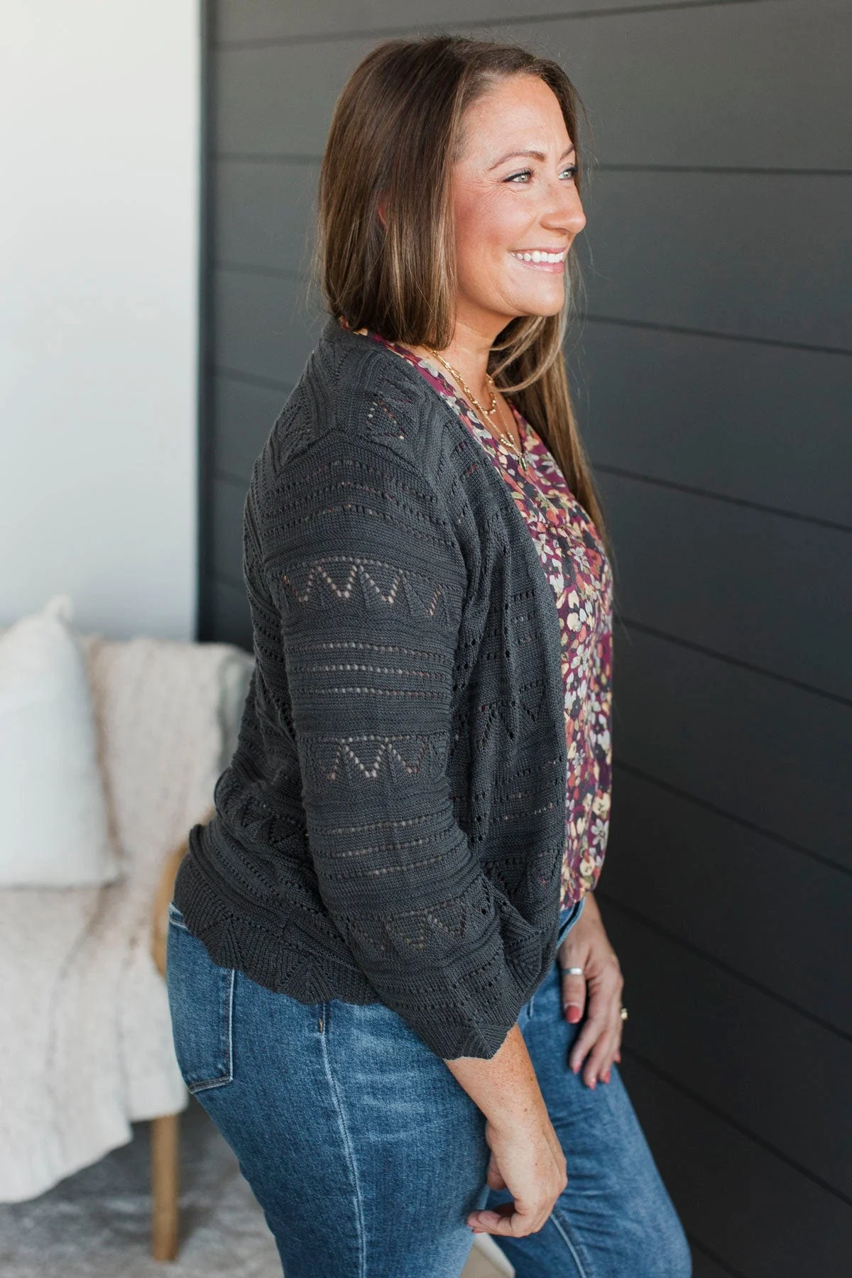 Precious Memories Pointelle Cardigan- Charcoal - Image 5