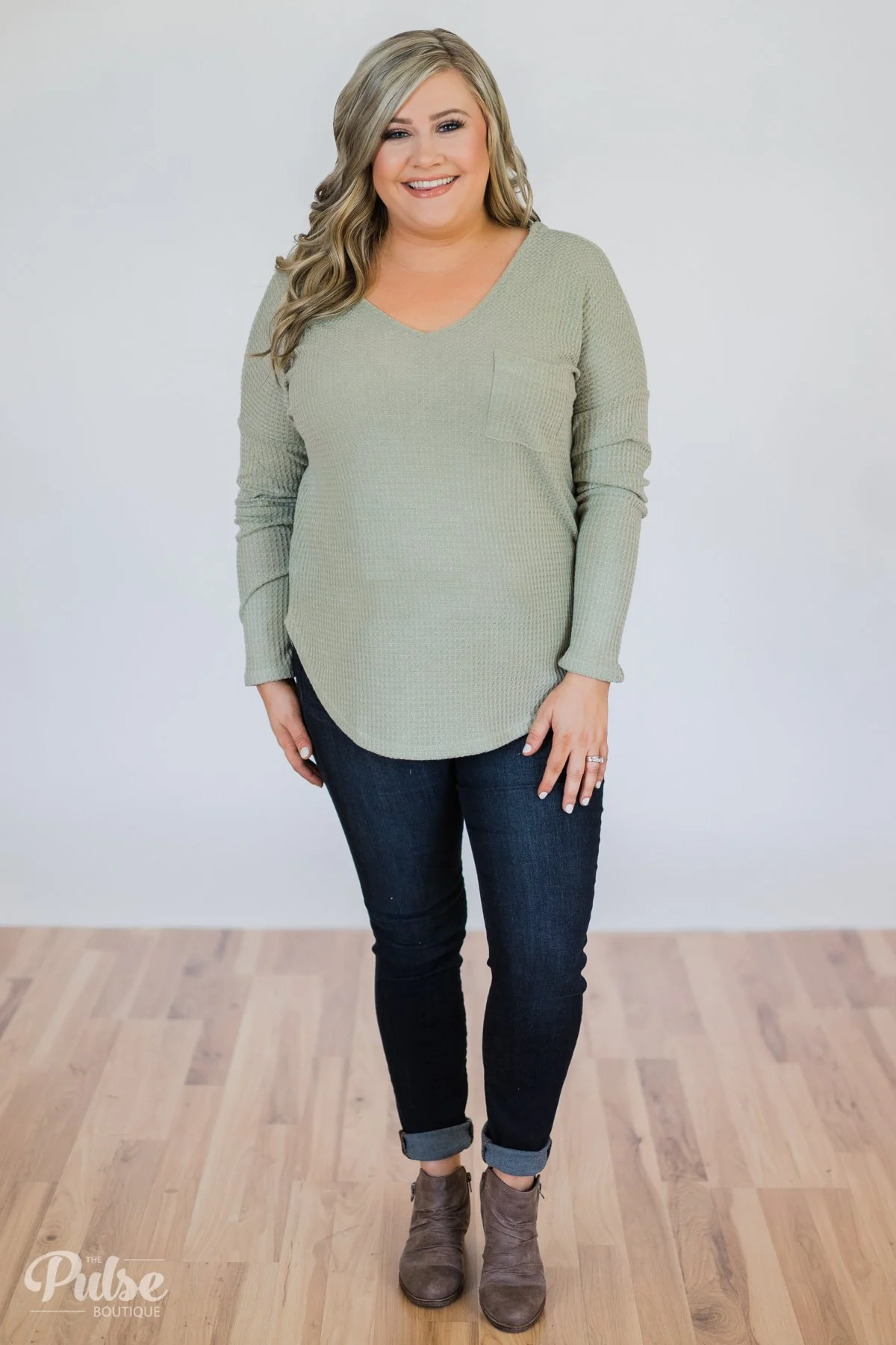 Precious Time Waffle Pocket Top- Sage - Image 3