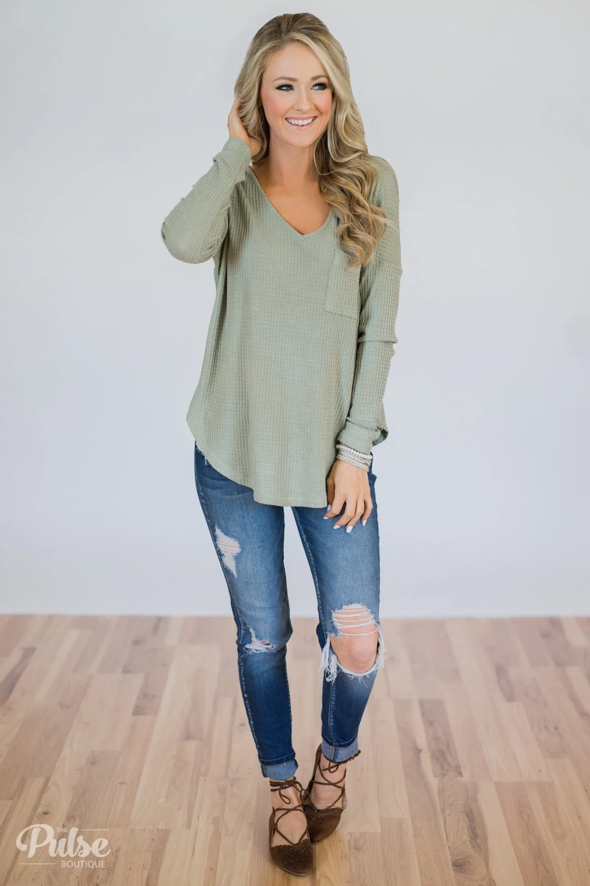 Precious Time Waffle Pocket Top- Sage - Image 4