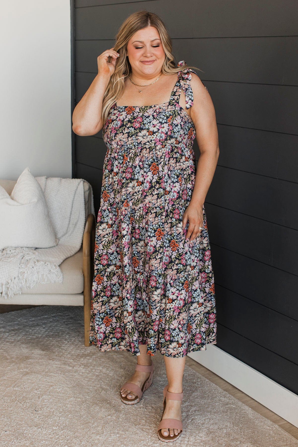 Prettiest Smiles Floral Midi Dress- Dark Navy - Image 3