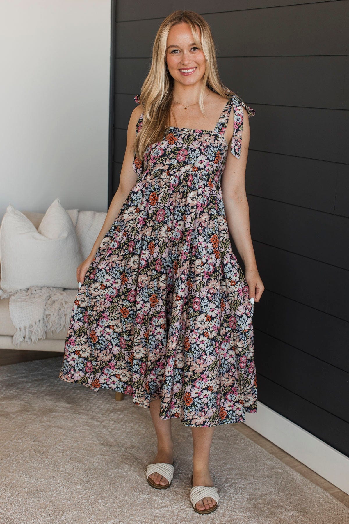 Prettiest Smiles Floral Midi Dress- Dark Navy - Image 4