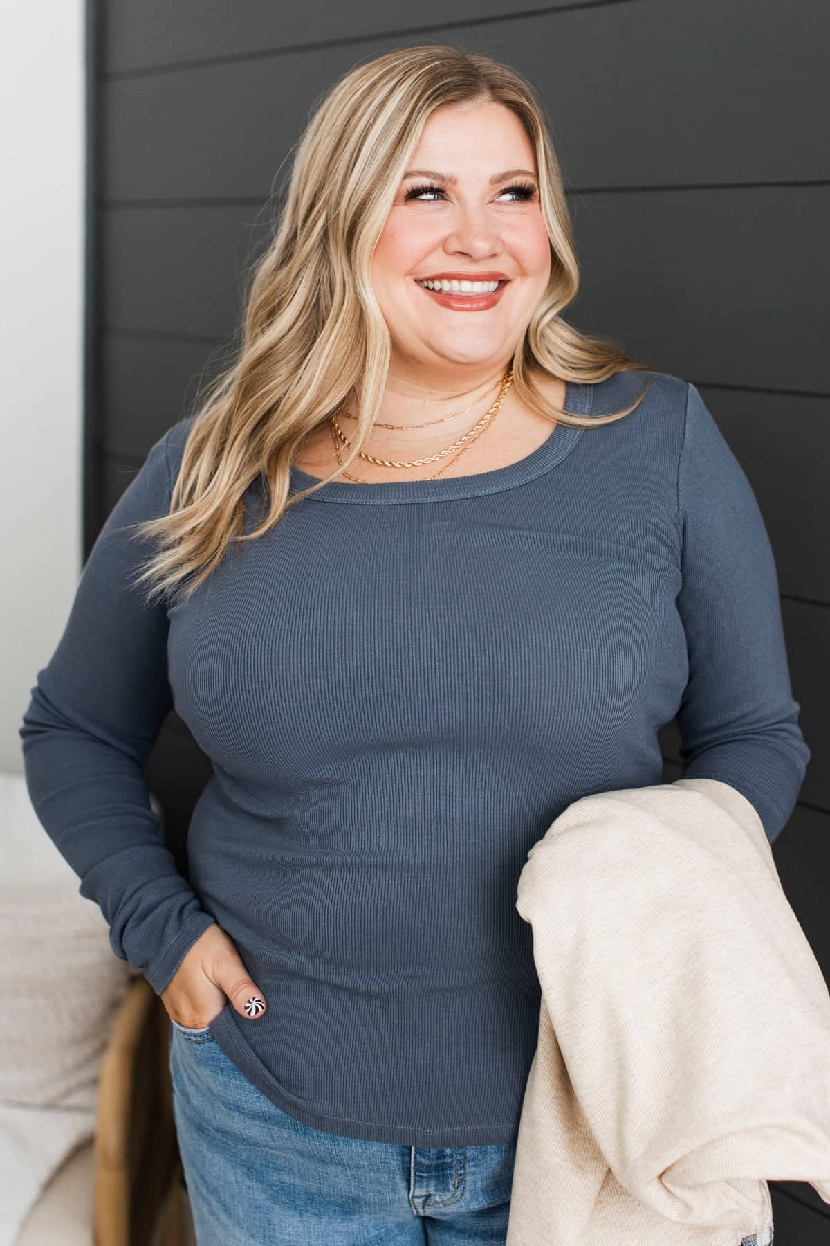 Pretty Darling Ribbed Long Sleeve Top- Dark Denim