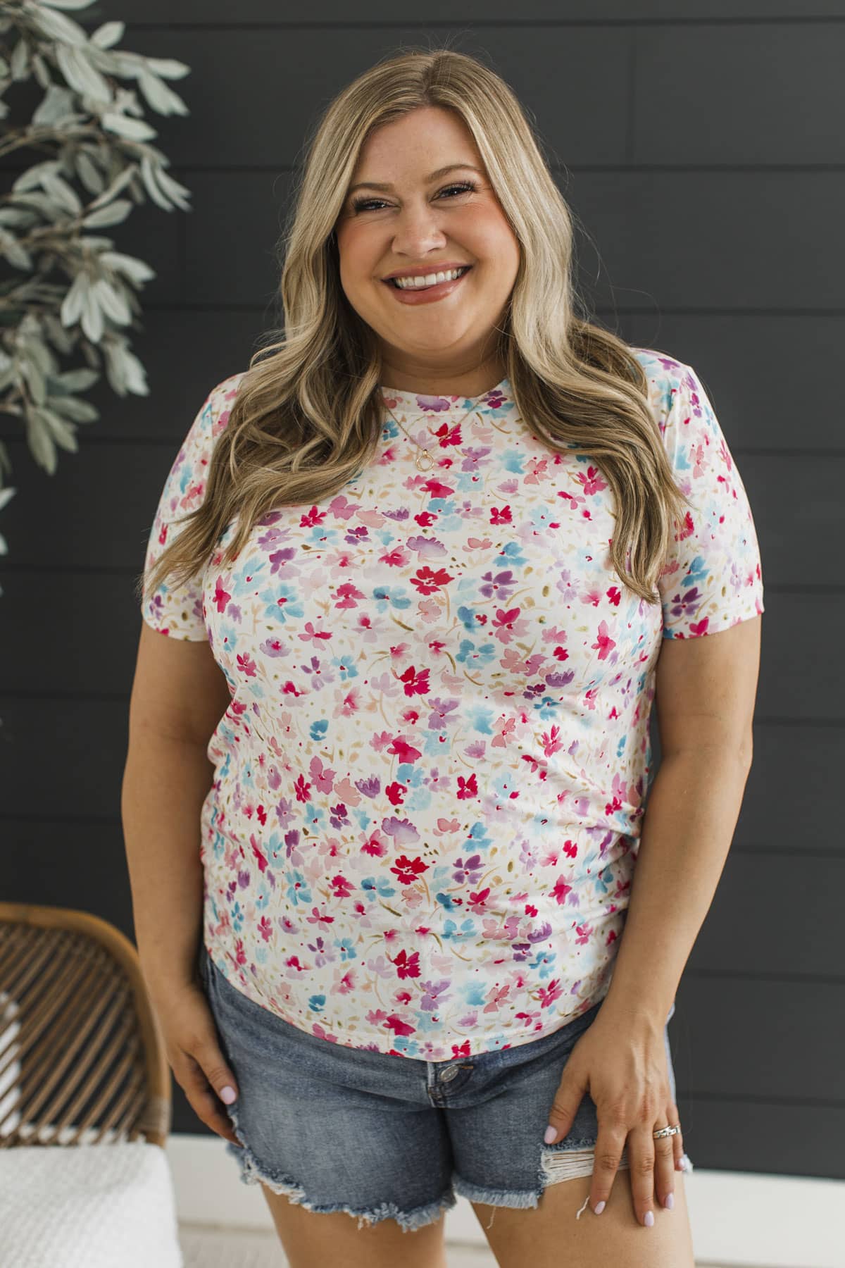 Pretty In Blooms Short Sleeve Floral Top- Ivory & Blue