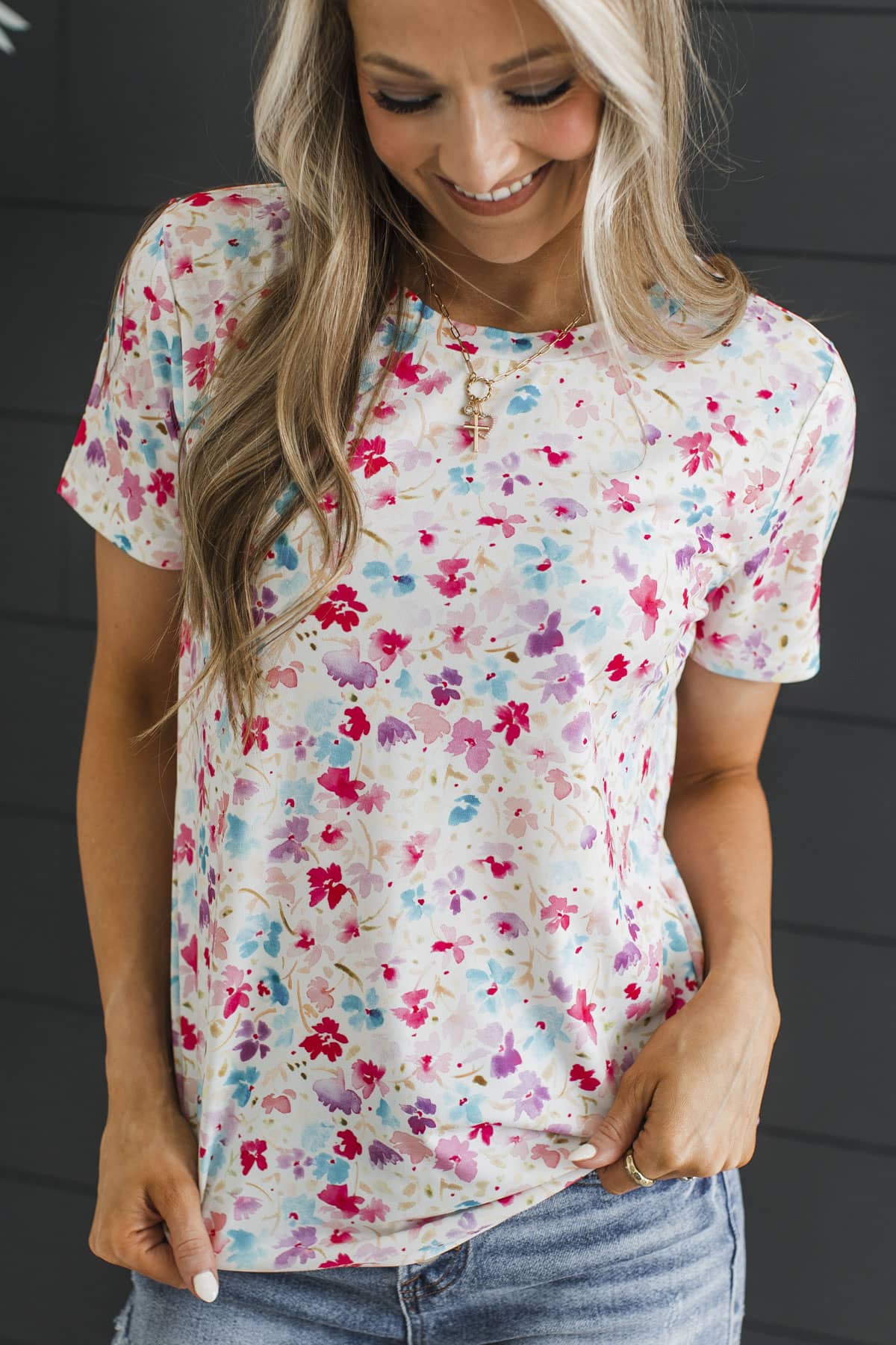 Pretty In Blooms Short Sleeve Floral Top- Ivory & Blue - Image 2