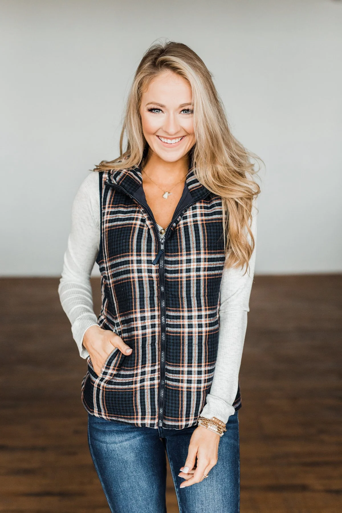 Pretty In Plaid Puffer Vest- Navy & Orange - Image 4