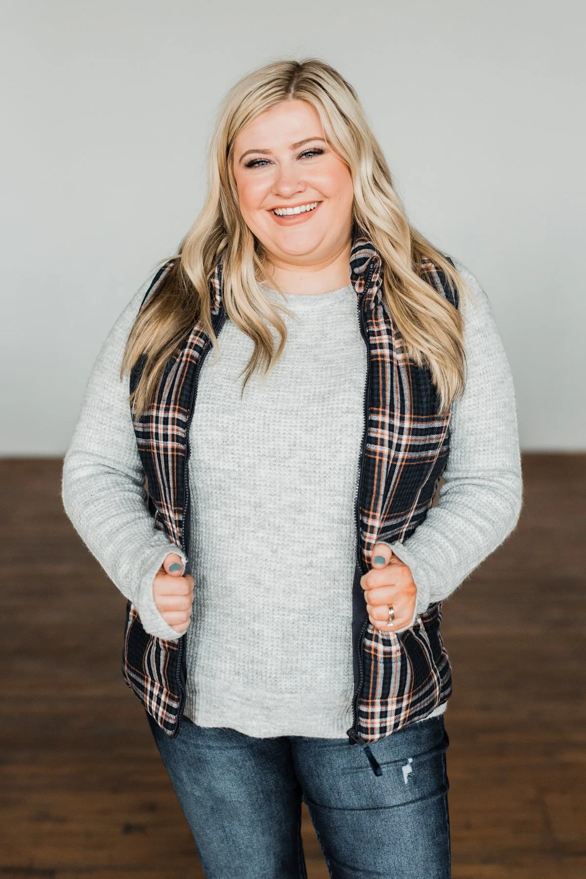 Pretty In Plaid Puffer Vest- Navy & Orange - Image 5