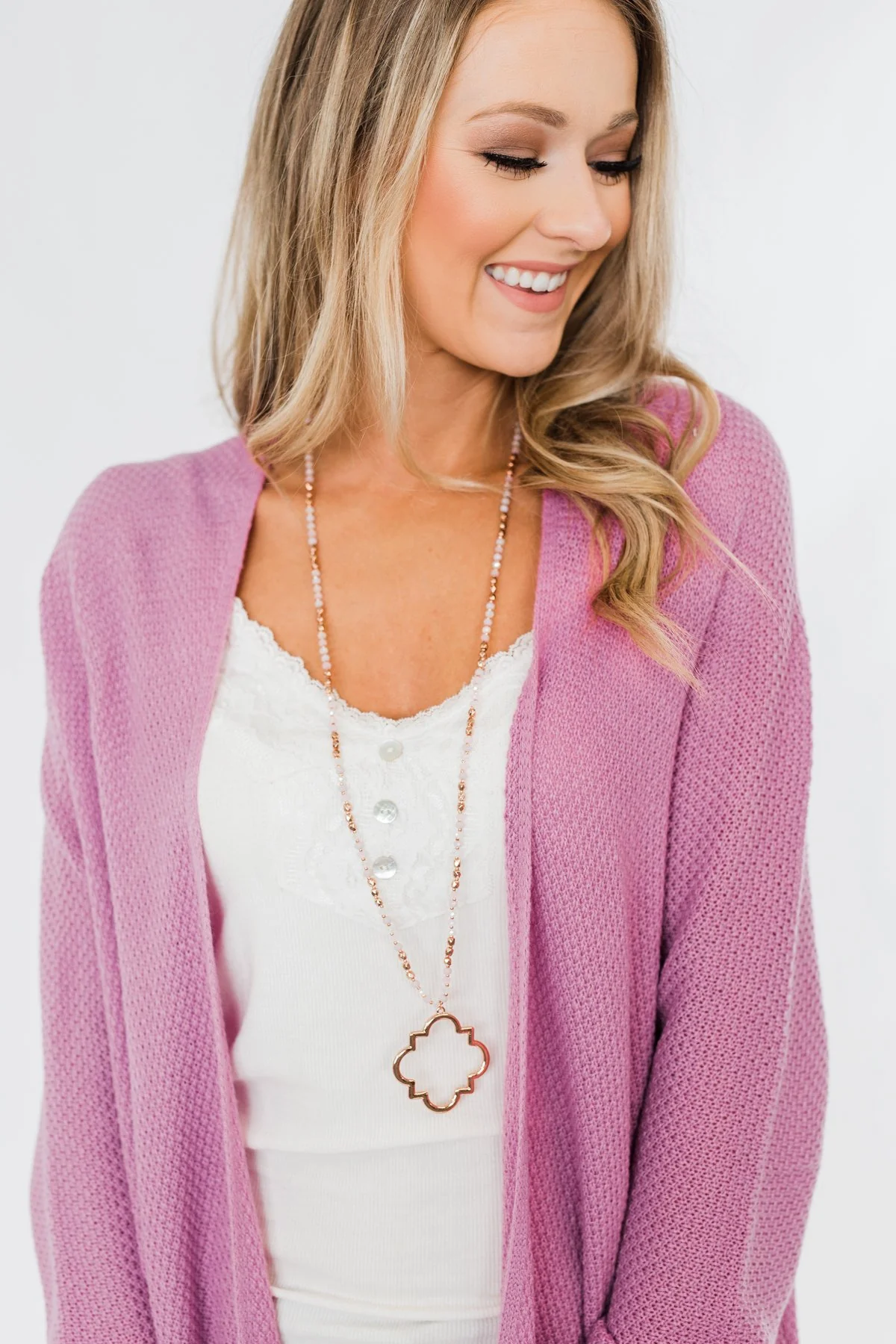 Pretty Pendant Beaded Necklace- Rose Gold & Pink - Image 4