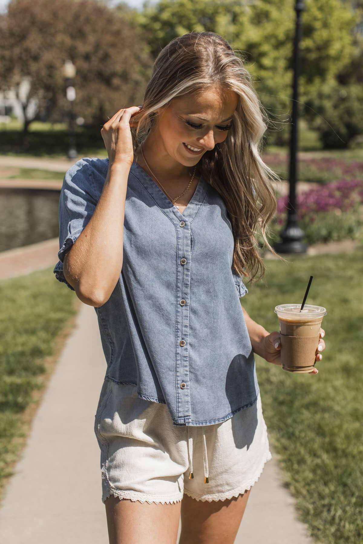 Pretty Poise Button Chambray Blouse- Denim