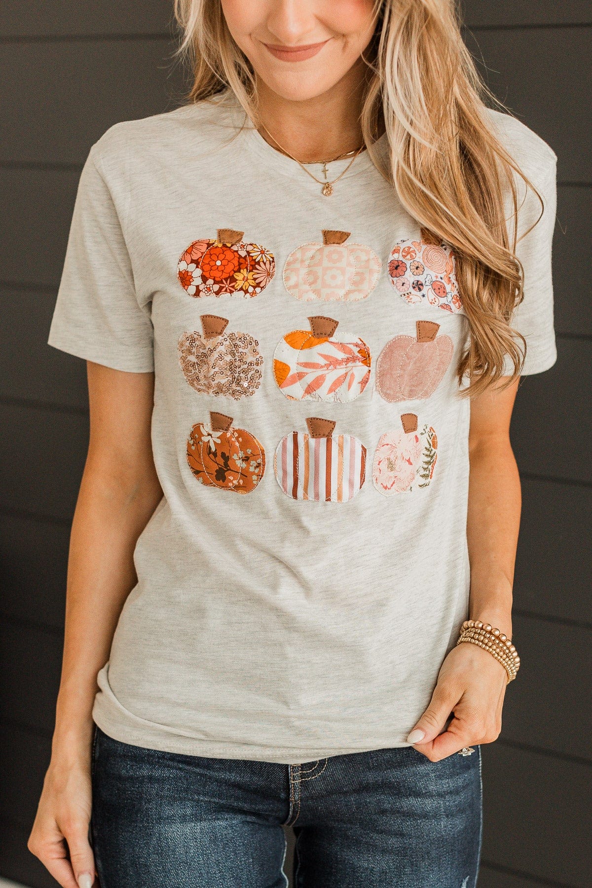 Pretty Pumpkins Graphic Tee- Light Heather Grey - Image 3
