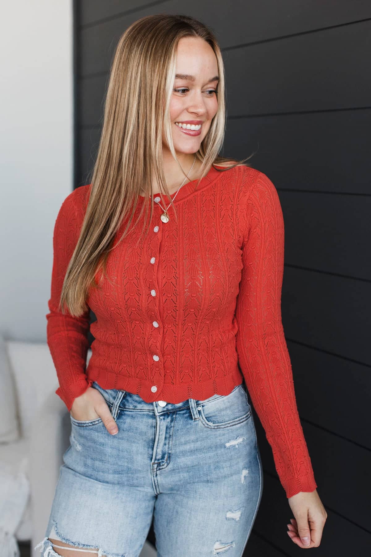 Priceless Memories Pointelle Knit Button Cardigan- Poppy - Image 3