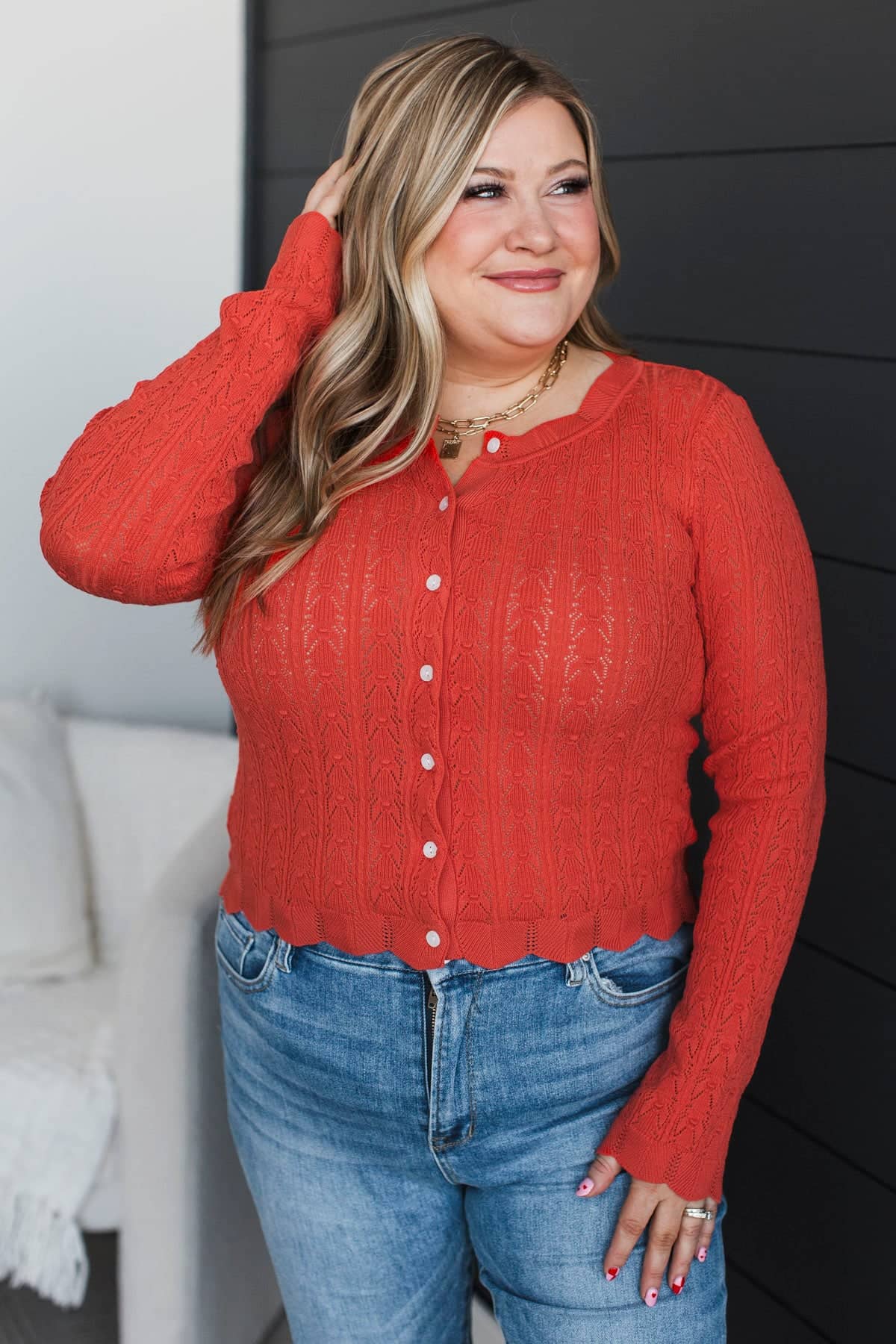 Priceless Memories Pointelle Knit Button Cardigan- Poppy - Image 4